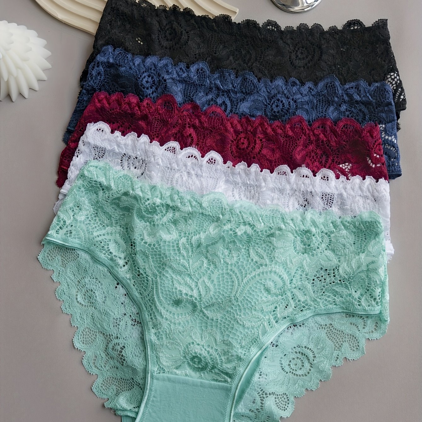 5pcs Floral Lace Panty Set, Women's Comfortable Triangle Panties With Lace Trim