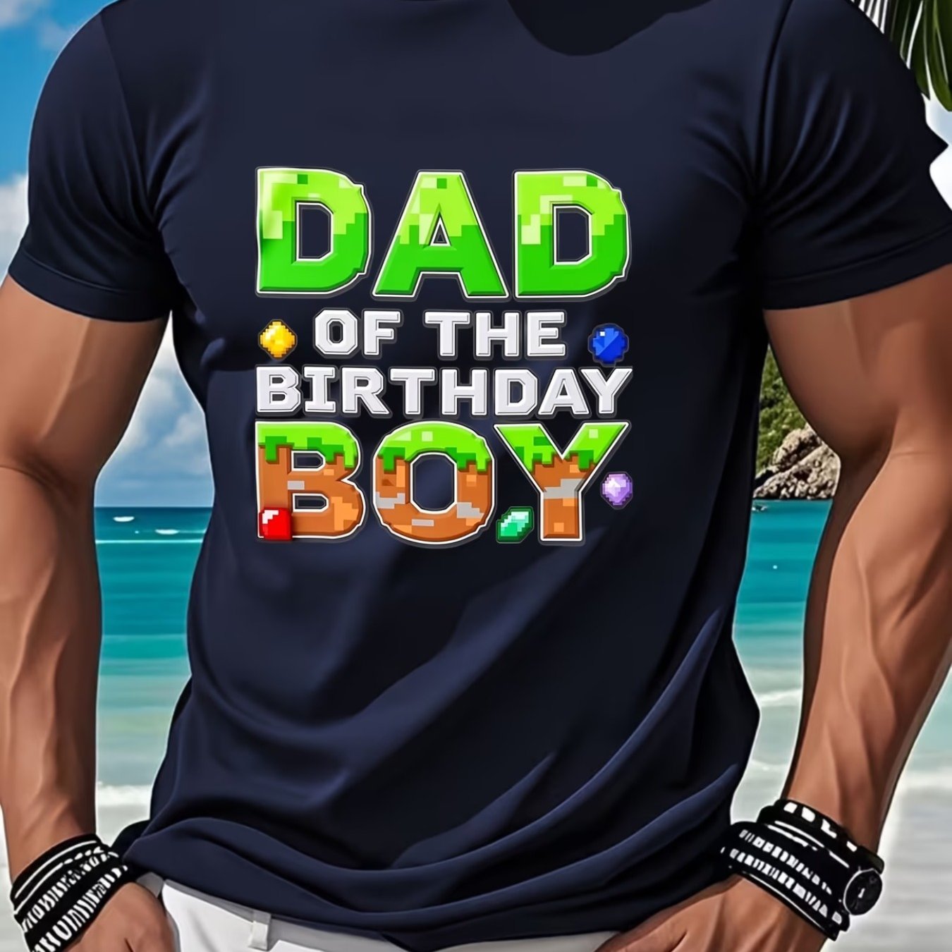 TEMU Block-based Game-style 'dad Of The Birthday Boy' Graphic Tee, Birthday Themed Fun , Men's Casual Top For Party