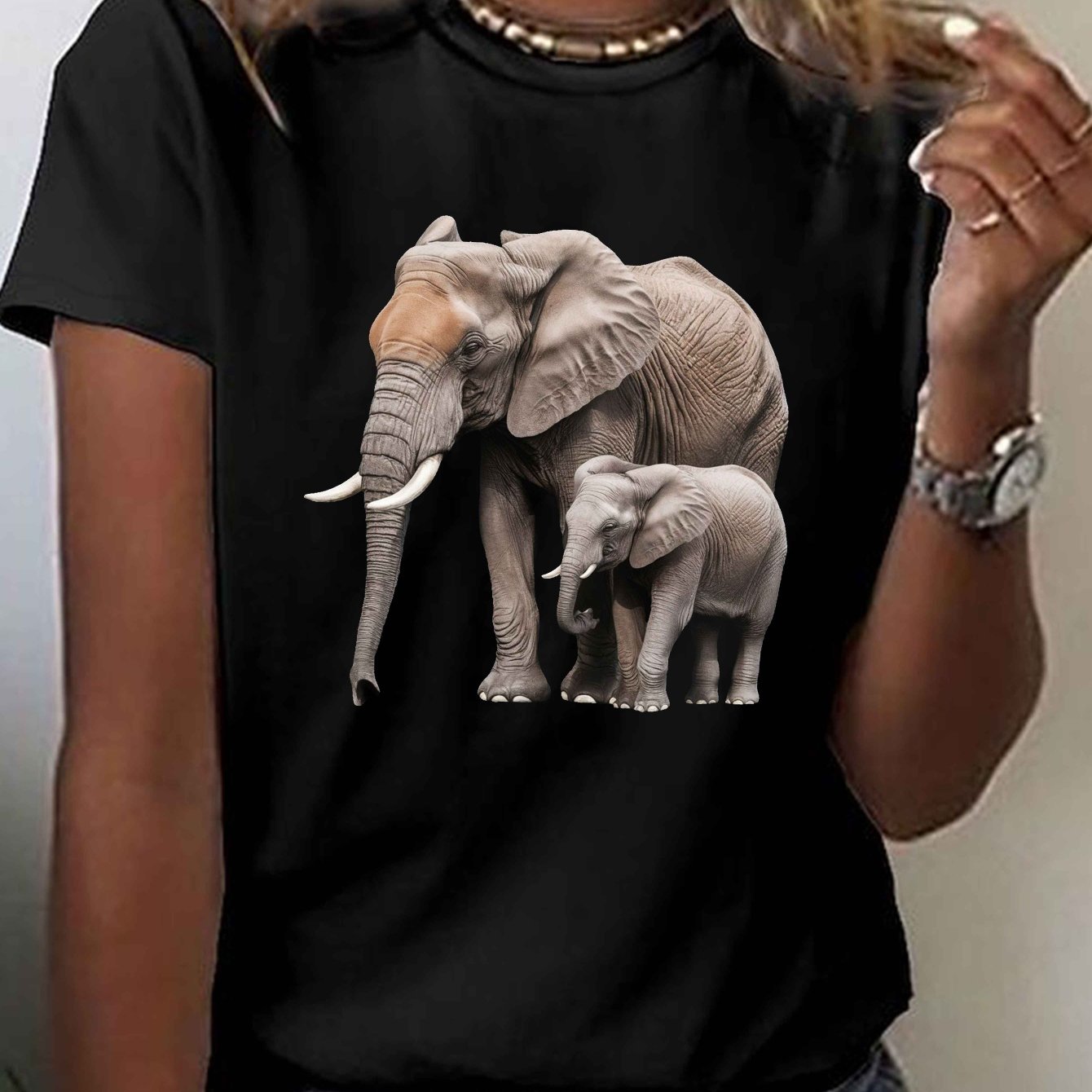TEMU A Casual Short-sleeve Crew Neck T-shirt Featuring A Realistic Print Of 2 Elephants, Perfect For Summer And Spring, Designed For Women