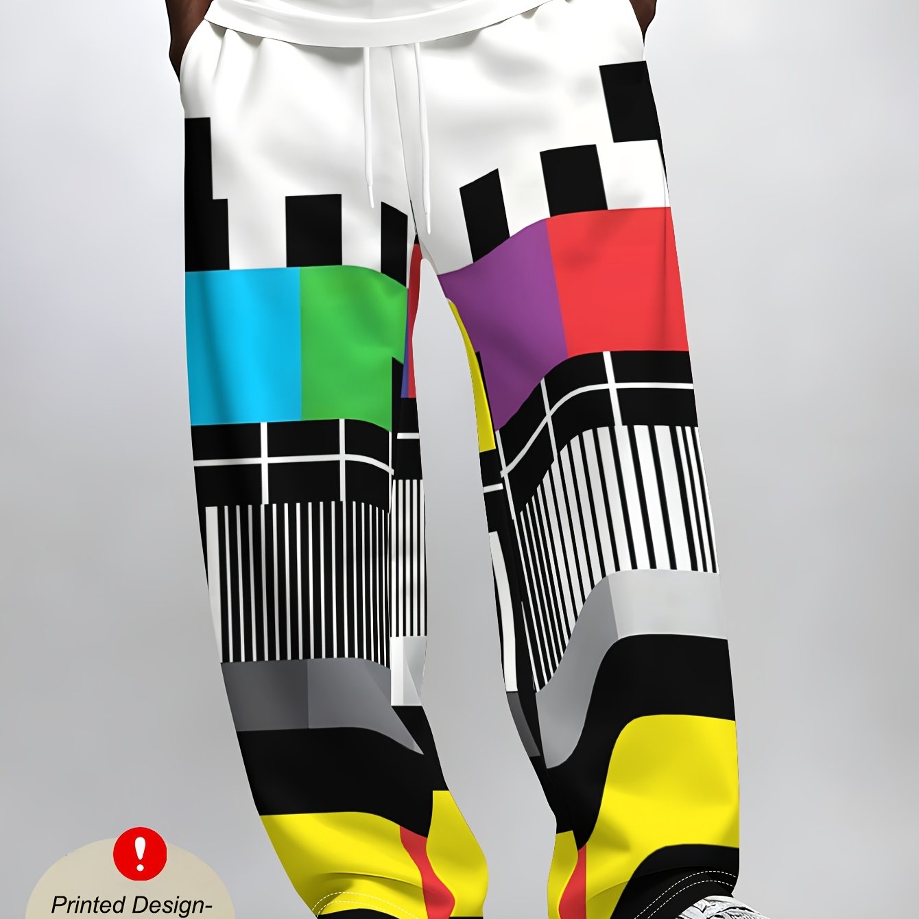 TEMU Men's Signal Distortion Print Trousers - Retro Full-body Suitable For Casual Wear, Themed Parties & Everyday Pants, Belt-free Straight-leg