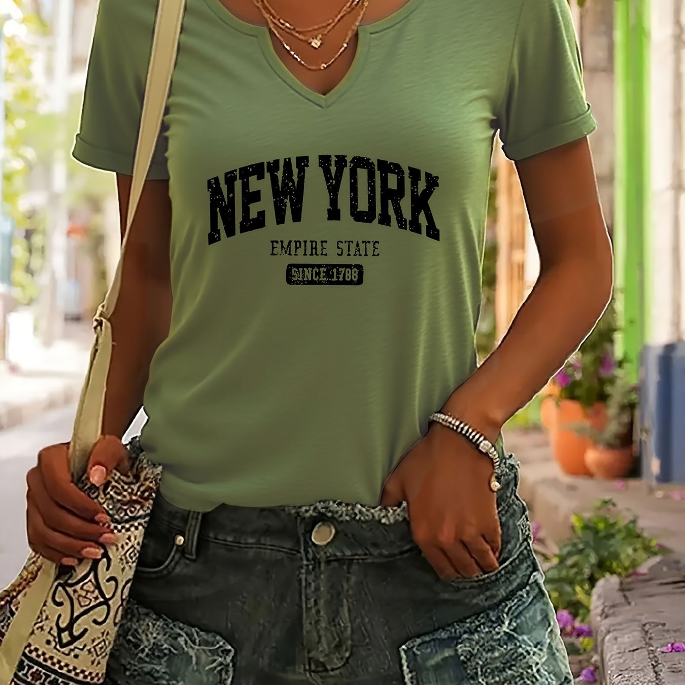 TEMU Empire Letter Print T-shirt, Casual Roll Sleeve Notch V-neck Top Summer/spring, Women's