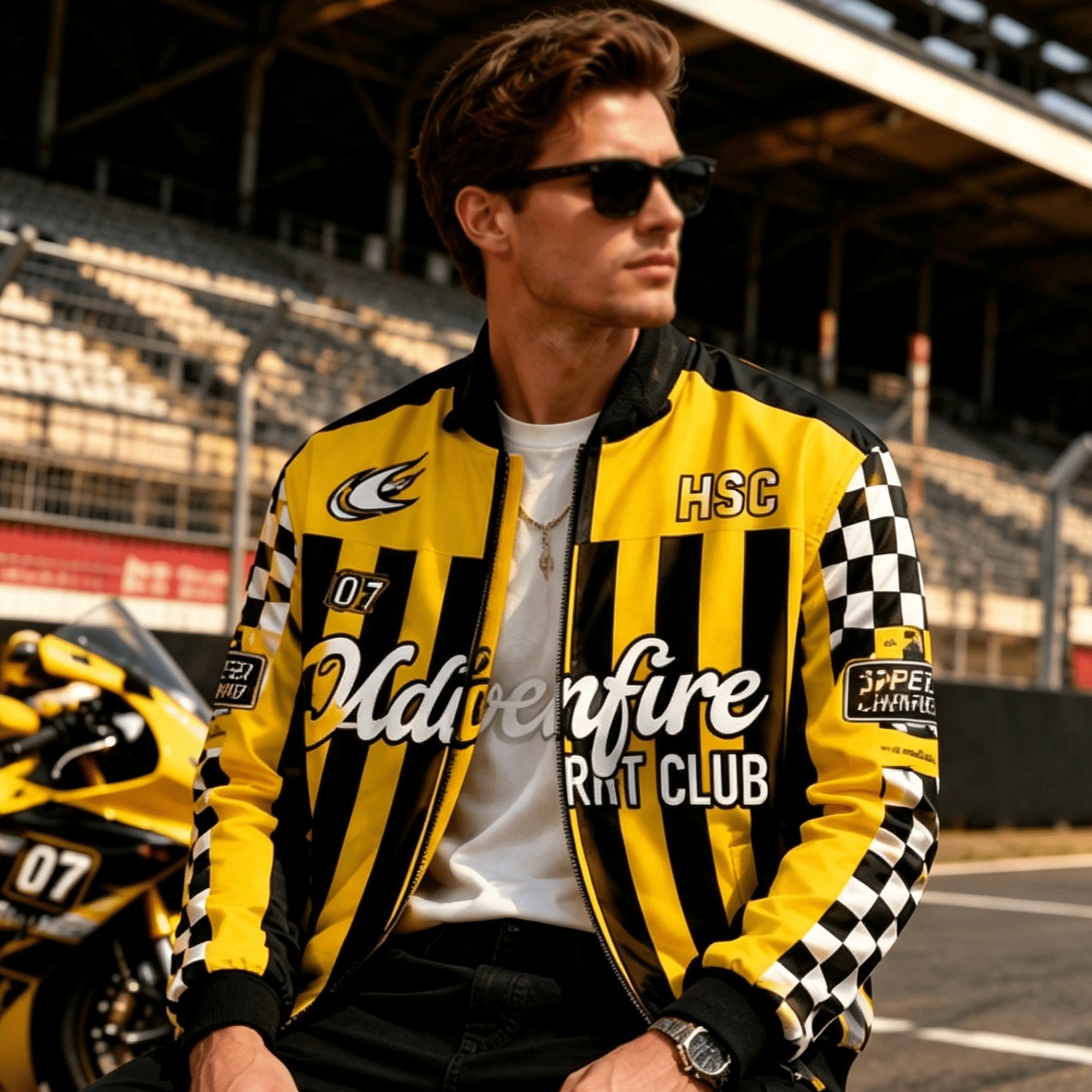 Image of Men's Racing Zip-up Jacket, Yellow Black Vertical Stripe Letter Number 07 And Checkerboard Print Stand Collar Motorcycle Outerwear, Casual Coat For Spring Autumn