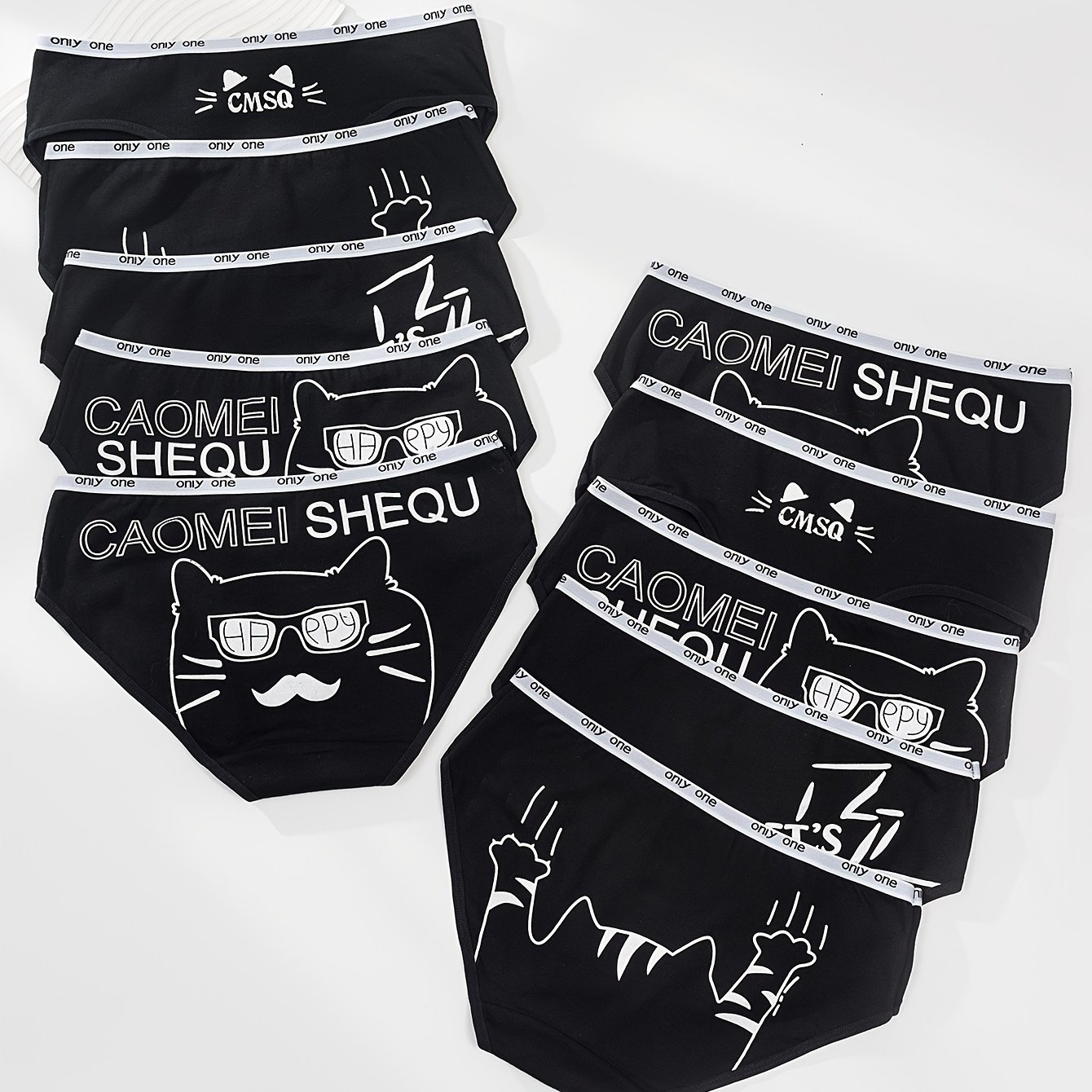Image of 10pcs Cute Cat Print Women's Boyshorts, Letter Waistband Breathable Comfortable Hip-hugging Panties - Women's Underwear And Lingerie