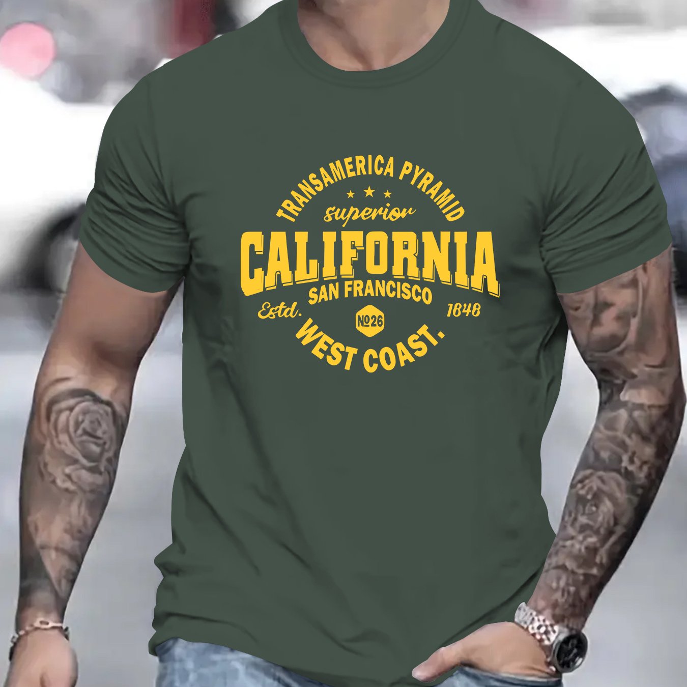 TEMU California Print, Men's Round Crew Neck Short Sleeve, Simple Style Tee Fashion Regular Fit T-shirt, Casual Comfy Breathable Top For Spring Summer Holiday Leisure Vacation Men's Clothing As Gift