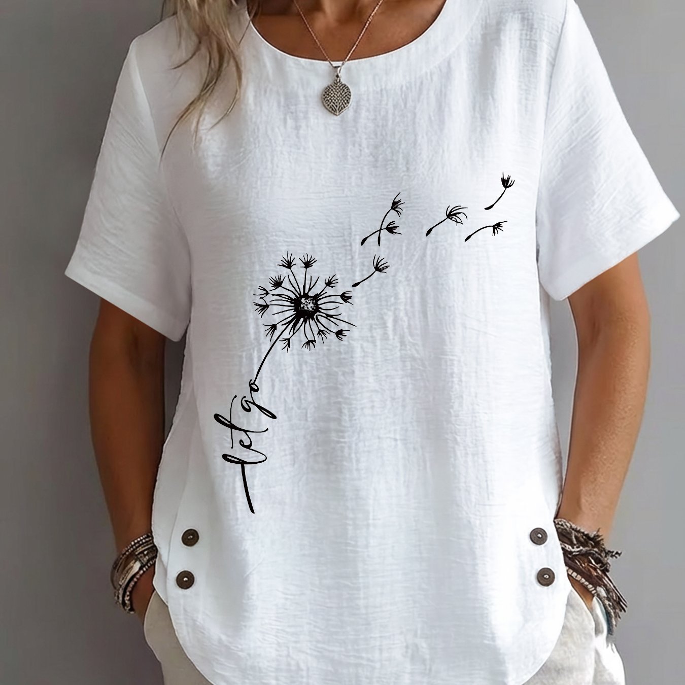 TEMU /summer Women's Top, Minimalist Style, Dandelion Line Art "let Go" Print, Mature Casual Round Neck Short Sleeve Elegant Apparel