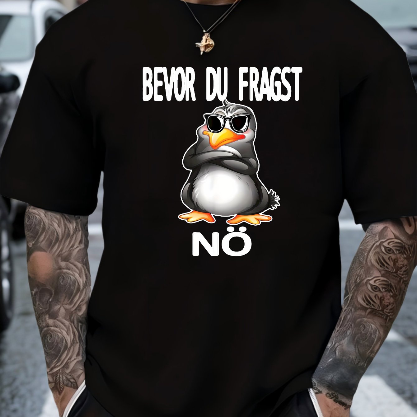 Image of Men's Funny Penguin Graphic T-shirt - "before You Ask No" Slogan With Fashion Glasses Penguin Design - 100% Cotton Breathable Short Sleeve Round Neck Casual Tee For Casual Attire & Humorous Outfits