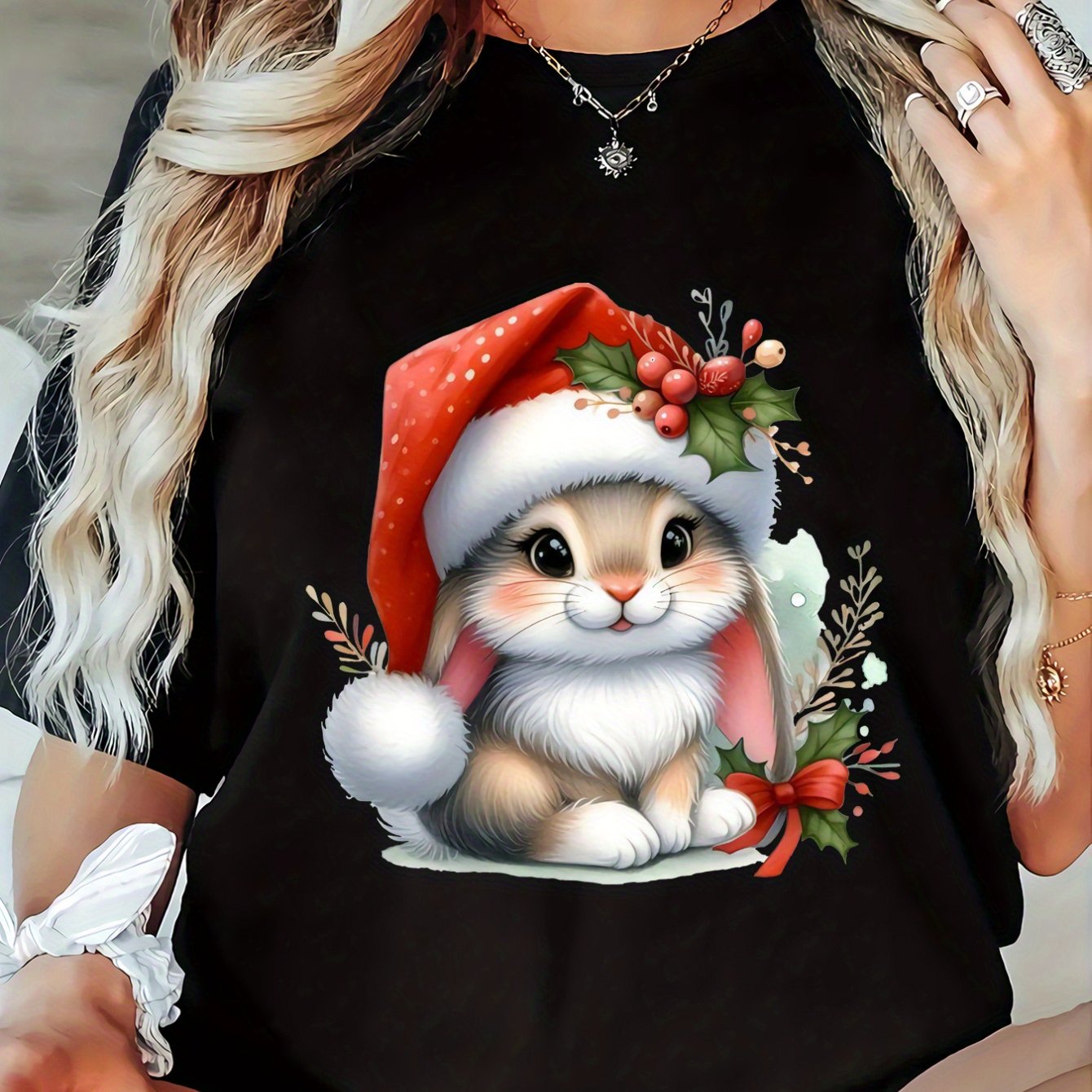 TEMU Plus Size, Women's Fashion Christmas Deer Print T-shirt, Summer Casual Loose Round Neck Creative Personality T-shirt