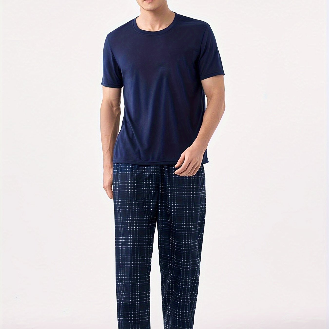 TEMU 2 Pcs Blue Round Neck Short Sleeve & Trousers Pajama Set, Comfortable & Skin-friendly Style Pajamas For Men's Cozy Loungewear