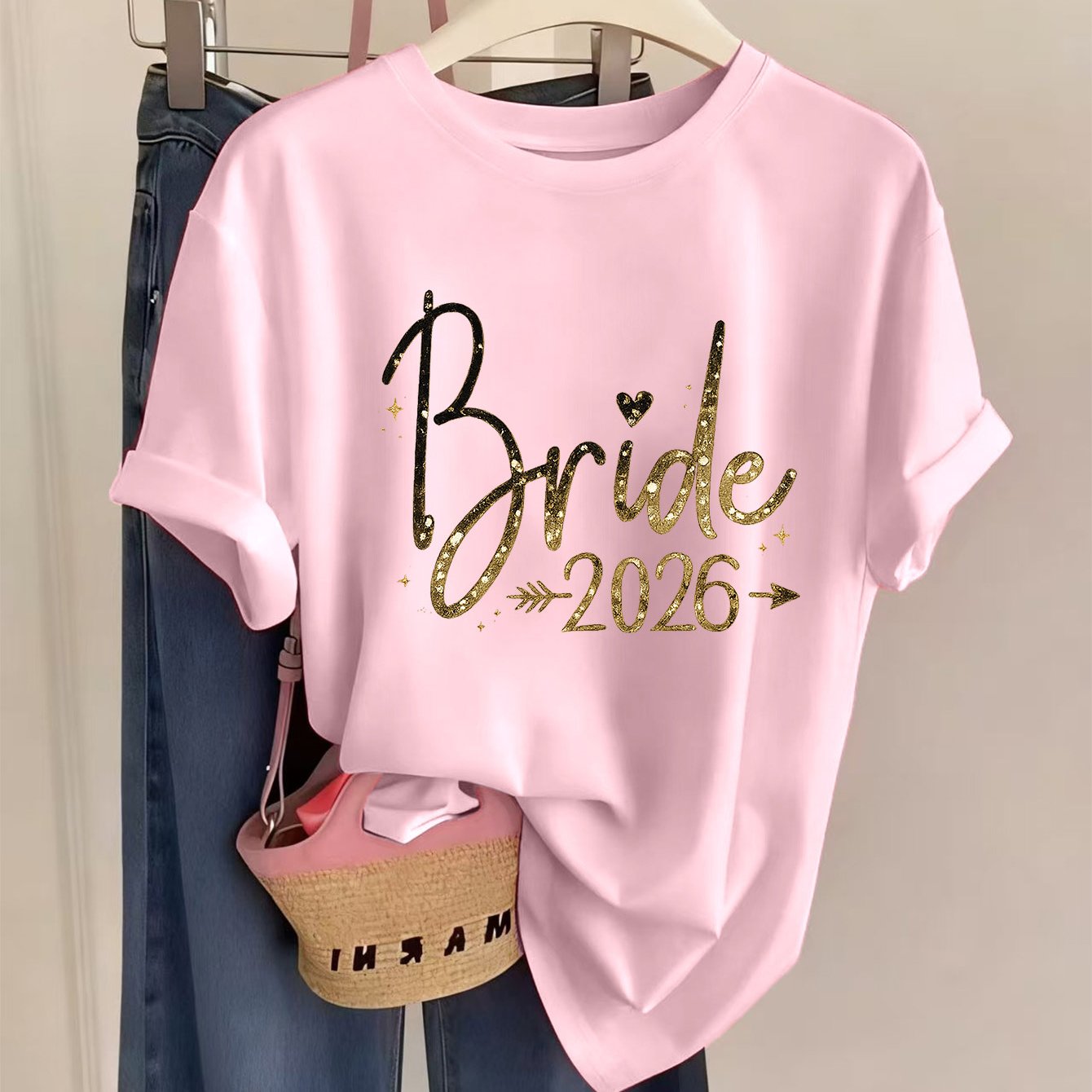 TEMU 1pc Women's Fashion Wedding Themed "bride 2026" Printed Round Neck Short Sleeve T-shirt, Casual And Comfortable For Bride-to-be's Pre-wedding