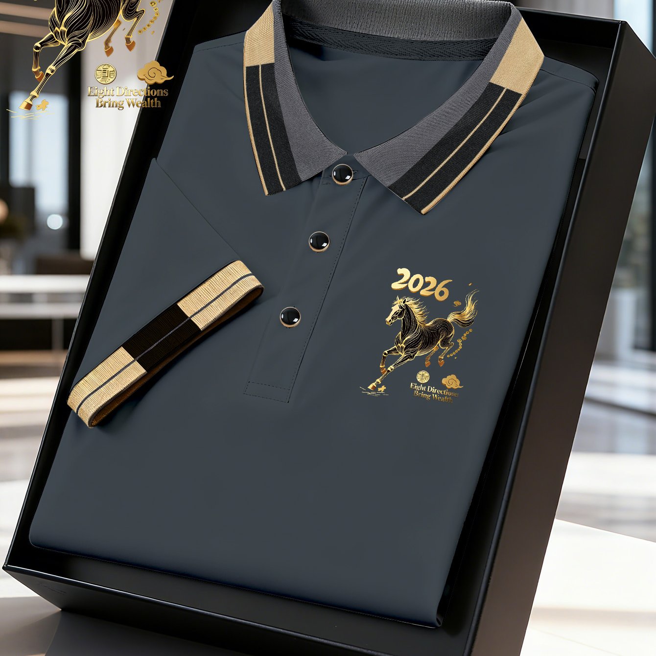 TEMU Hh4847 Year Of The Horse Emblem Men's Golf Shirt, Comfortable And Breathable, Suitable For , Featuring A Short Sleeve Design With Stretch And