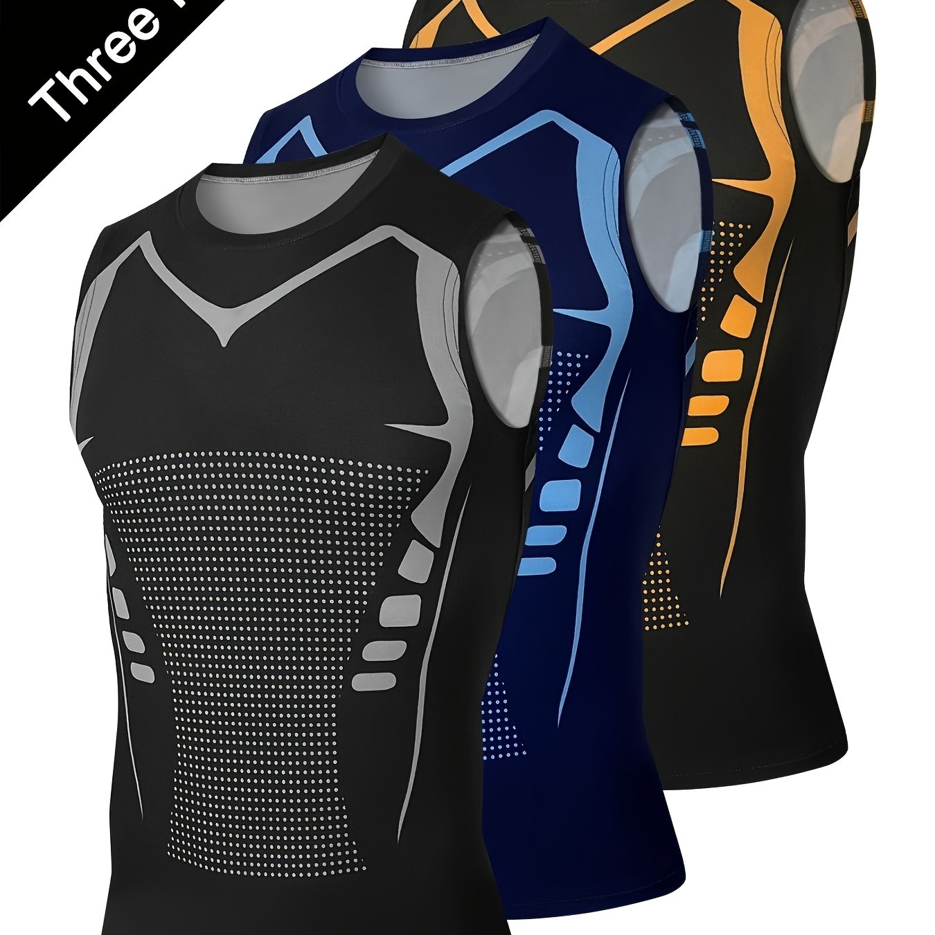 TEMU 3pcs Set Print Pattern Men's Elastic Breathable Sports Compression Sleeveless Vest, Moisture-wicking Comfortable, Suitable For Outdoor Sports