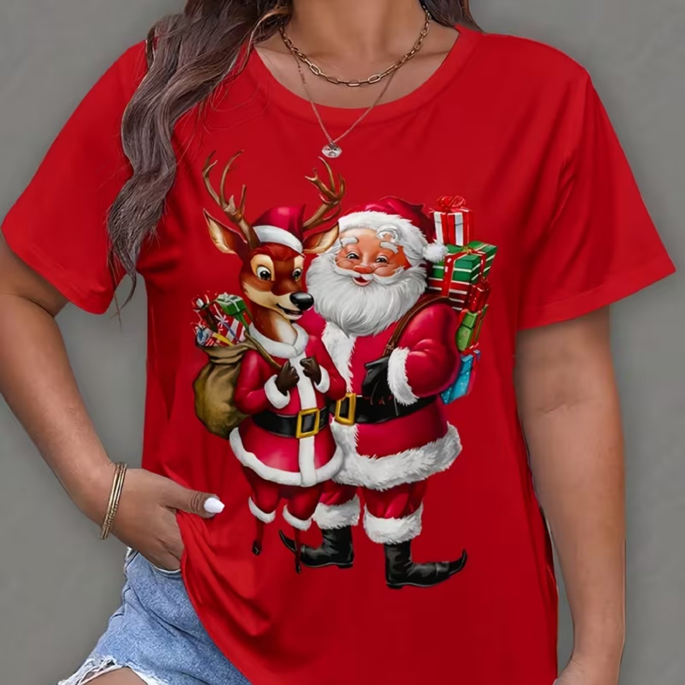 TEMU Women's Christmas T-shirt With Santa Reindeer & Gift Print - Loose Fit Short Sleeve -compatible Top Suitable For Daily Wear, Parties,