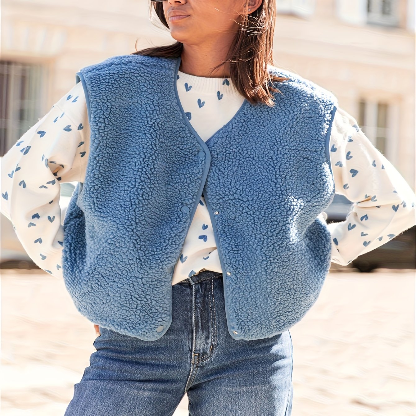 Image of 1pc Women's Plush - Sleeveless Jacket - Soft Winter Coat With Pockets, Machine Washable Round Neck Vest-like Outerwear For Office, Vacation & Layering (solid Color) - Cozy Fall/winter Blazer (s)