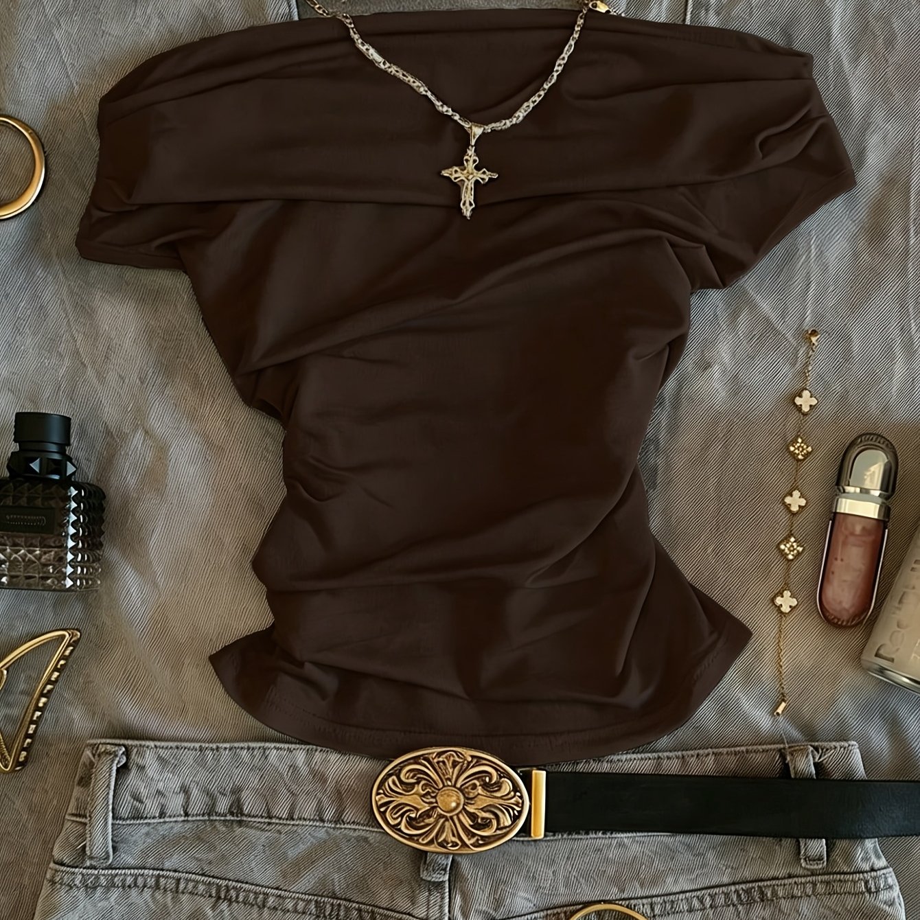 TEMU Women's Off-the-shoulder Fashion T-shirt Top, Elegant Slim Fit With Waist For A Flattering Look