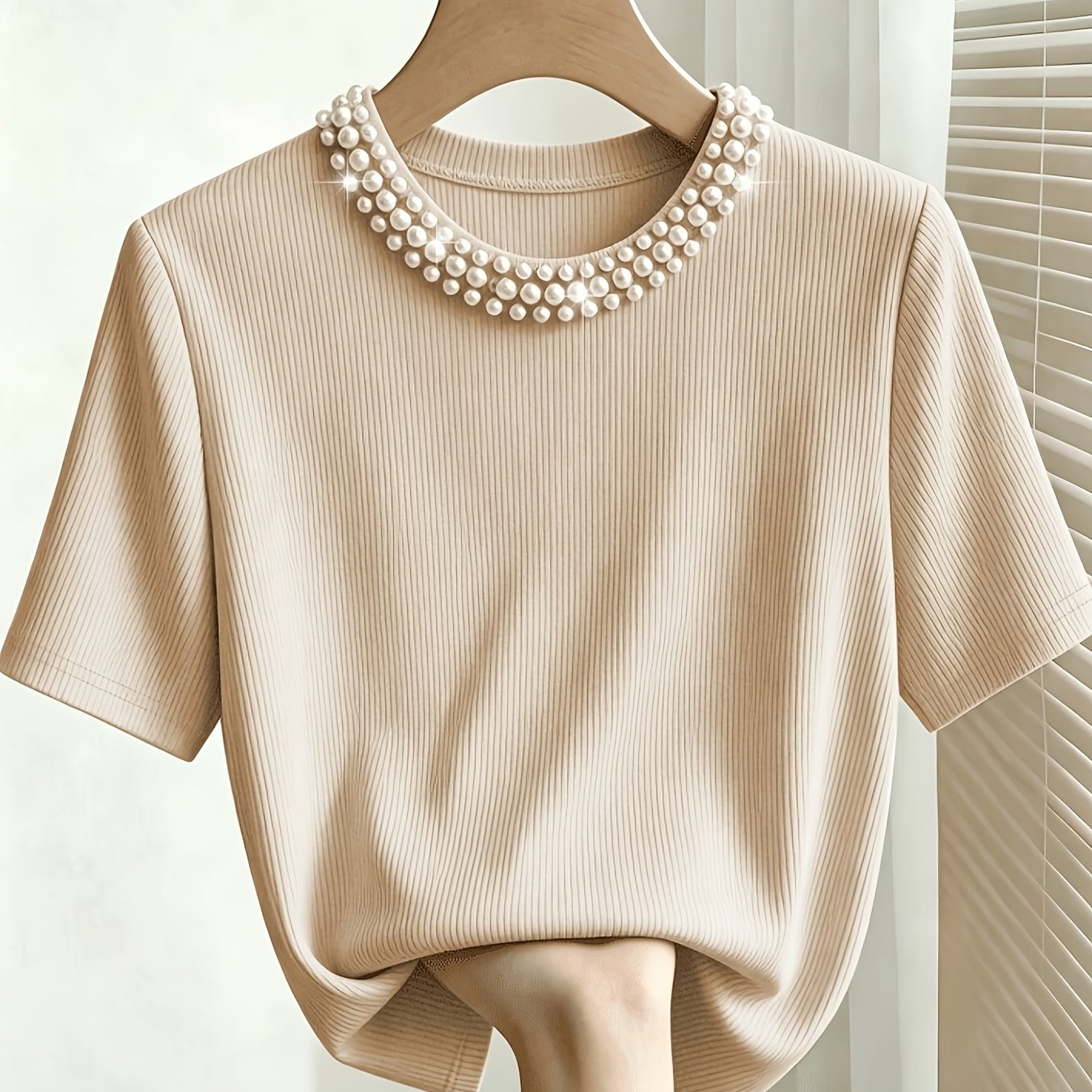 TEMU Ladies' Casual Round-neck Kenstripe Leopard -dimensional Pearl Decorated Short-sleeved T-shirt