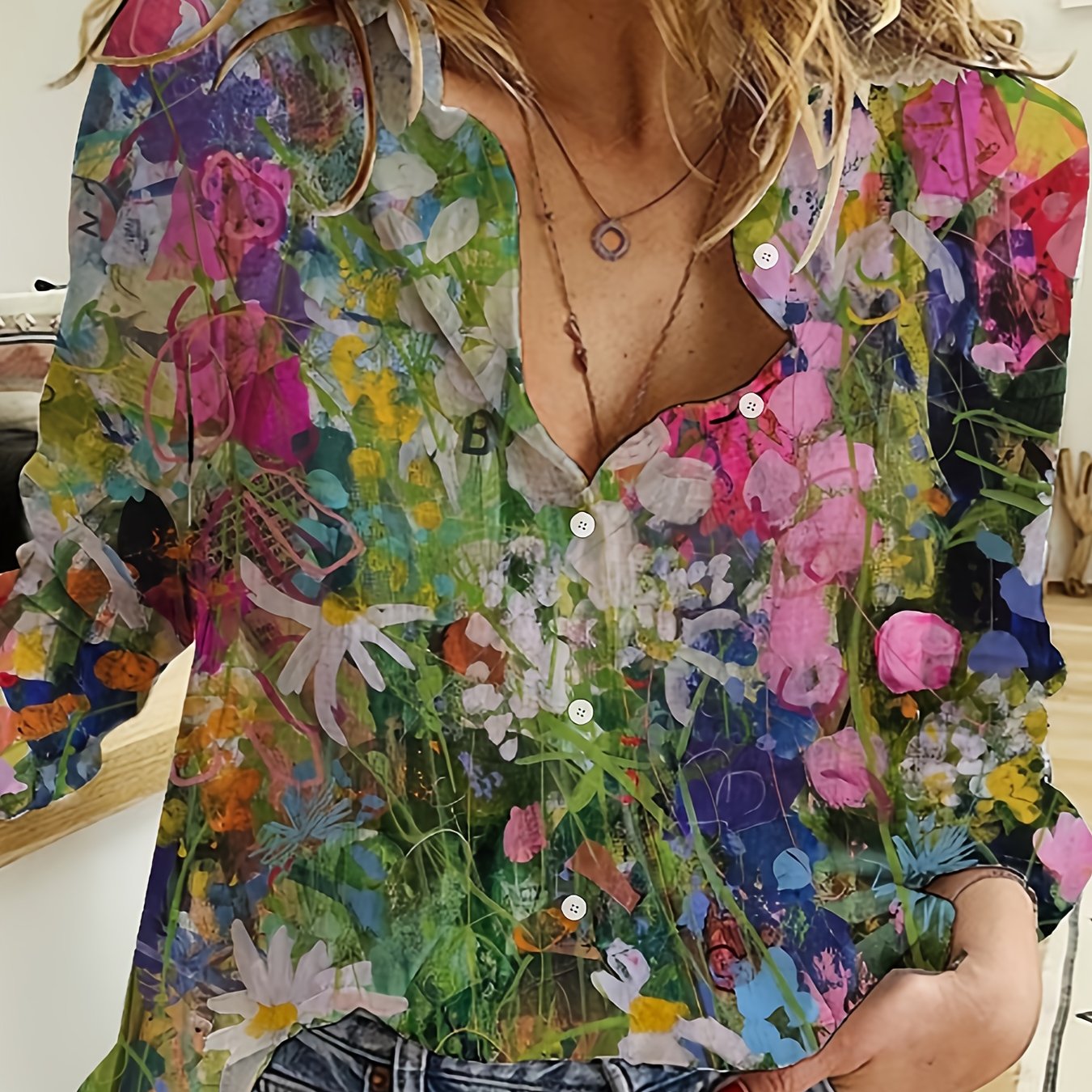 E-shop (Muttertag) Damenmode Blumenmuster Langarm Hemd mit Kragen, Frühling/Sommer