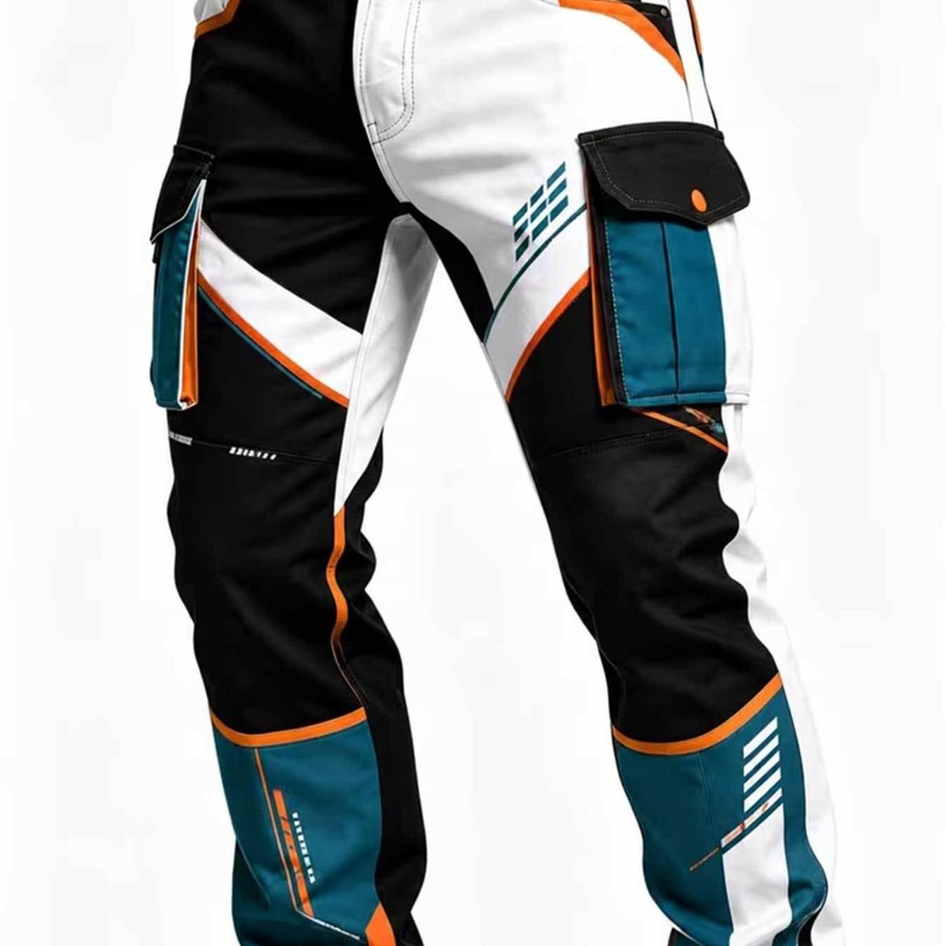 TEMU Men's Twill Work Pants With Double Pockets, Cool Geometric Streetwear For Urban Casual Daily Activities