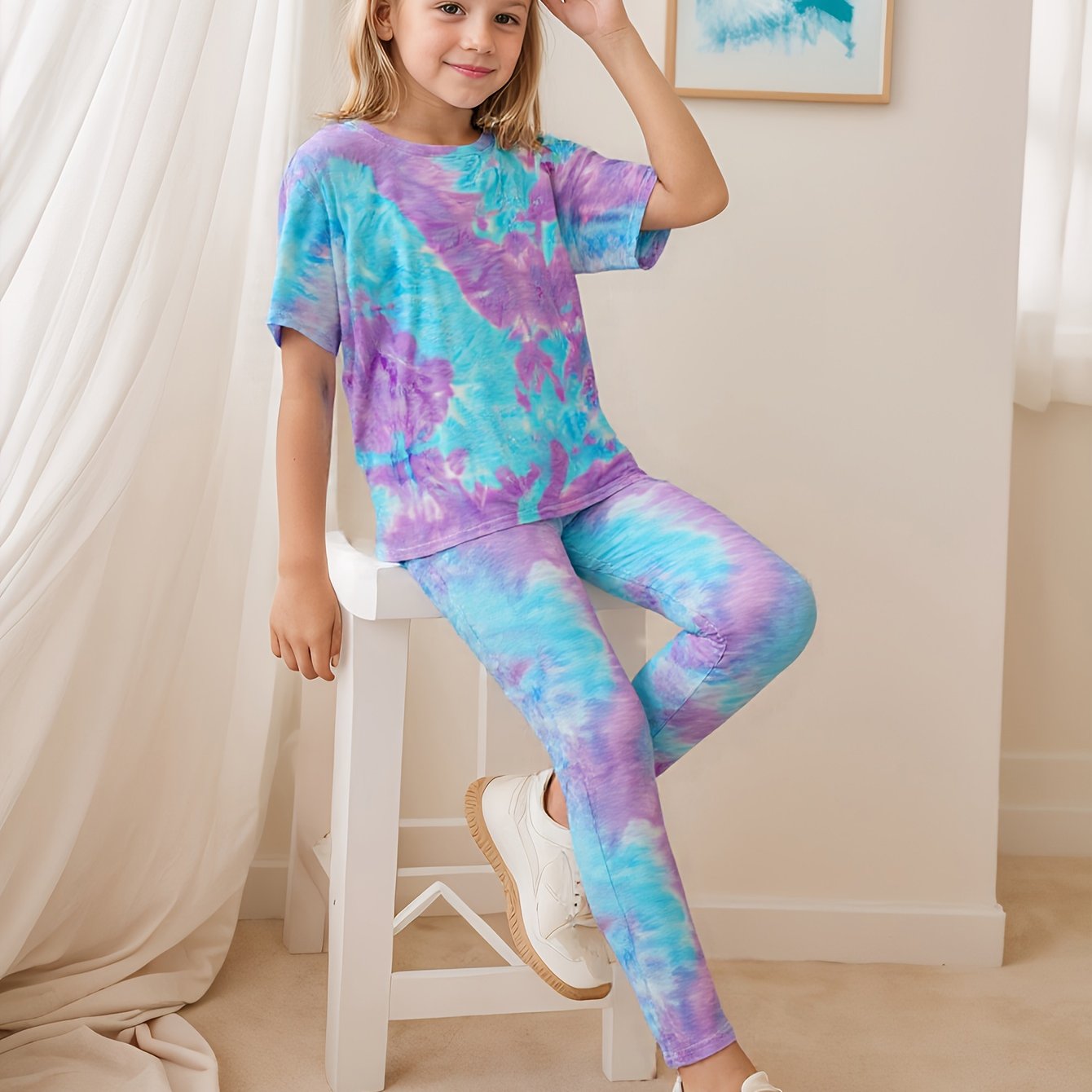 Image of 2pcs Girls' Outfit Round Neck Short Sleeve T-shirt Loose Drop Shoulder And Tight Leggings Fashion Casual Athletic [tie-dye Random Non-positional Print], For Outdoor