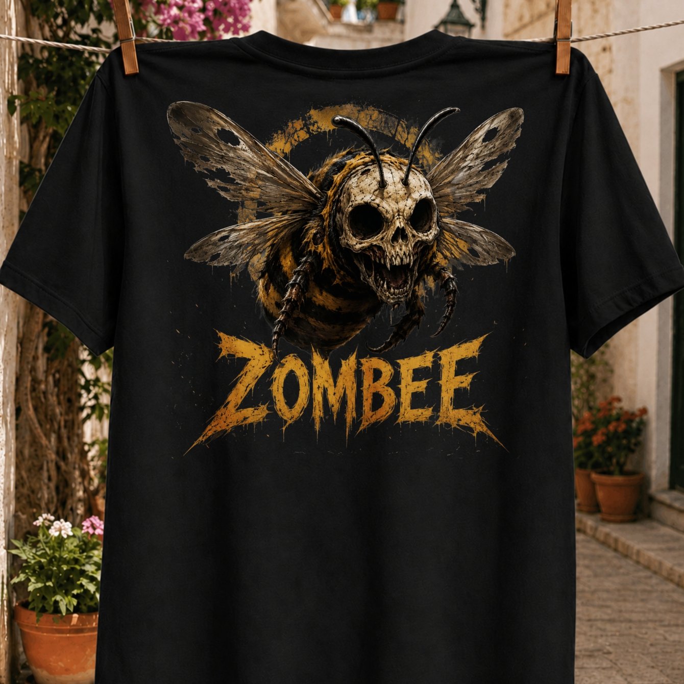 Dark Horror Insect Illustration Tee With A Decayed Faced Bee With Torn Wings And Orange Lettering Unisex All T-shirt