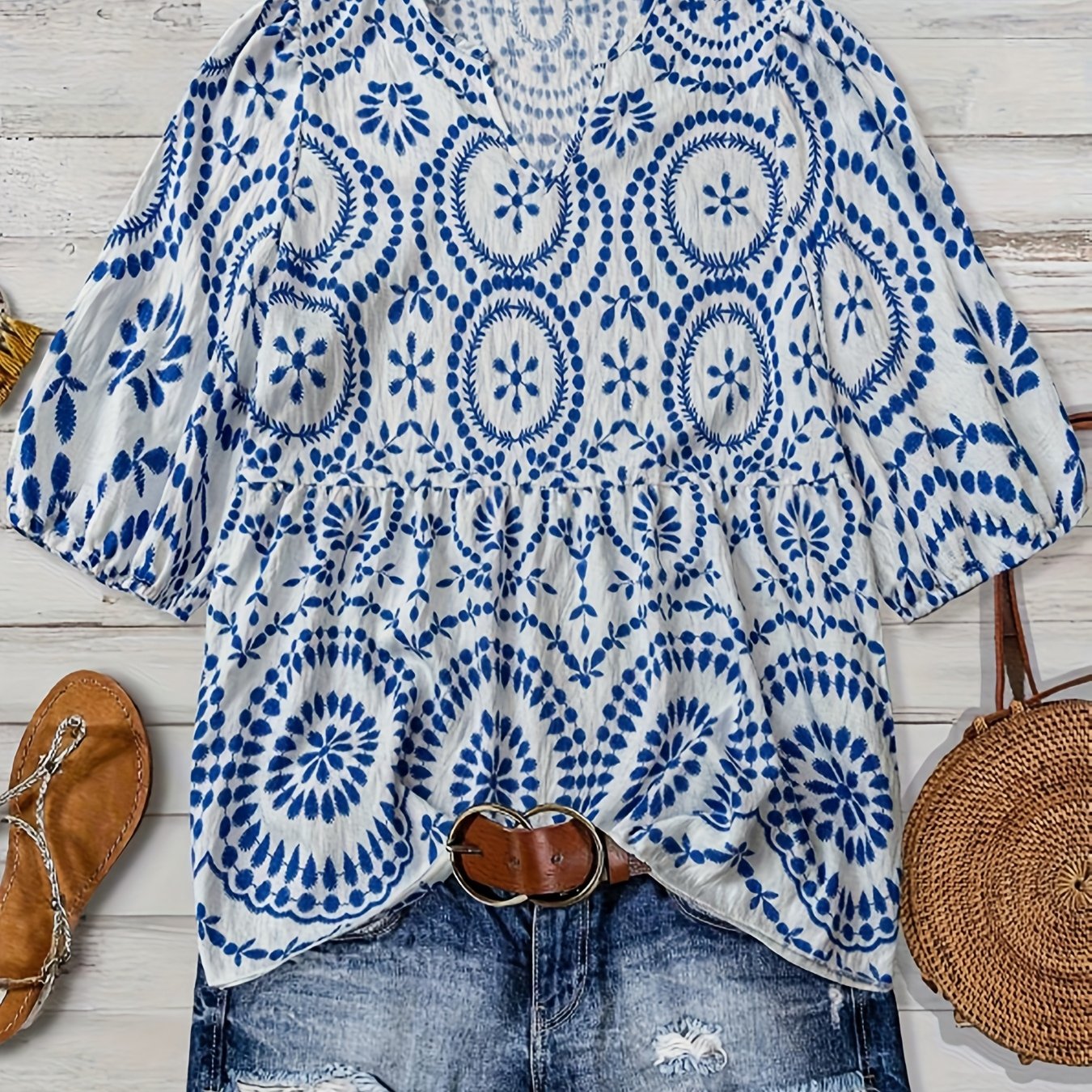 E-shop Damen Bohemian Kurzarmhemd, Blau-Weißes Porzellan-Druckhemd, Rüschensaumhemd, Elastische Manschetten Kurzarm Ethno-Stilhemd, Italienischer Stil