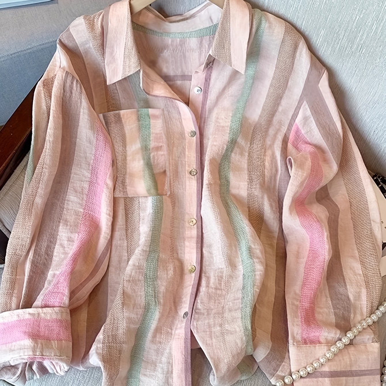 E-shop Damen Dopamin Rosa Gestreiftes Kragen Langarmshirt, Frühlings-/Herbstmode Schicke Einknopf-Bluse Jacke und Niannian