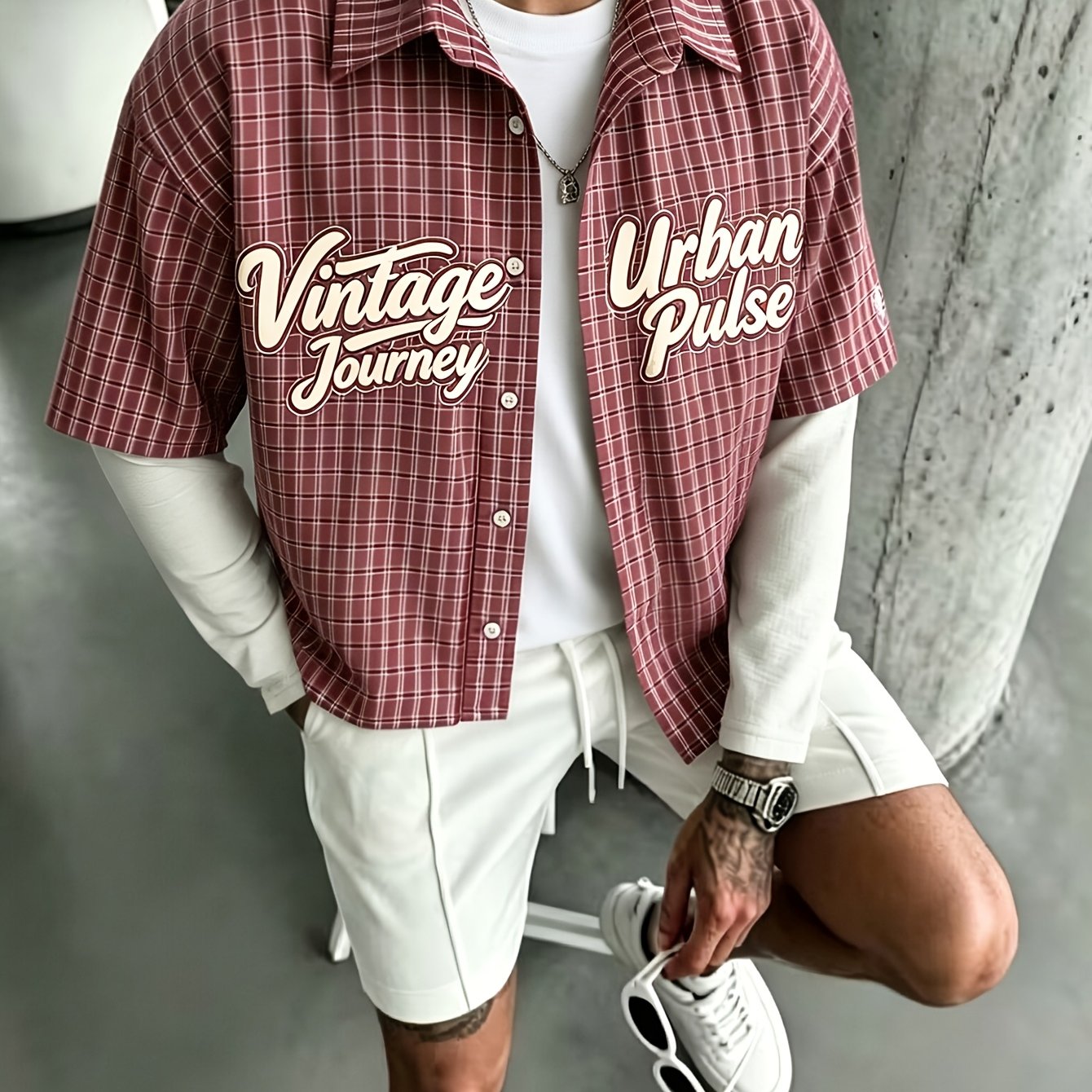 TEMU Vintage Burgundy Check Two-piece Top, Contrast White Sleeve Letter Print Lapel Casual Short Loose Shirt