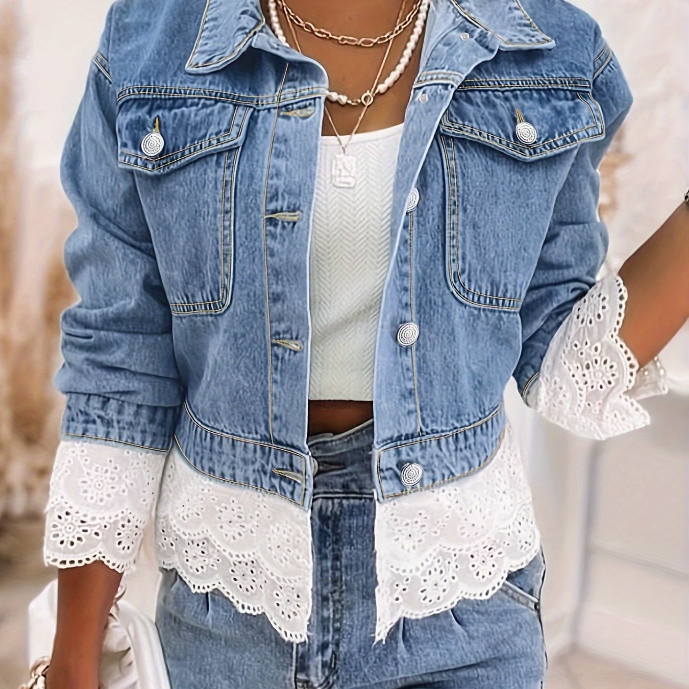 Women&#39;s Elegant Light Blue Denim Jacket with Contrast Lace Trim, Flap Pockets, and Button-* - Stylish Long Sleeve Outerwear for Spring/Fall, Spring Outerwear | * Jacket | Polyester Denim