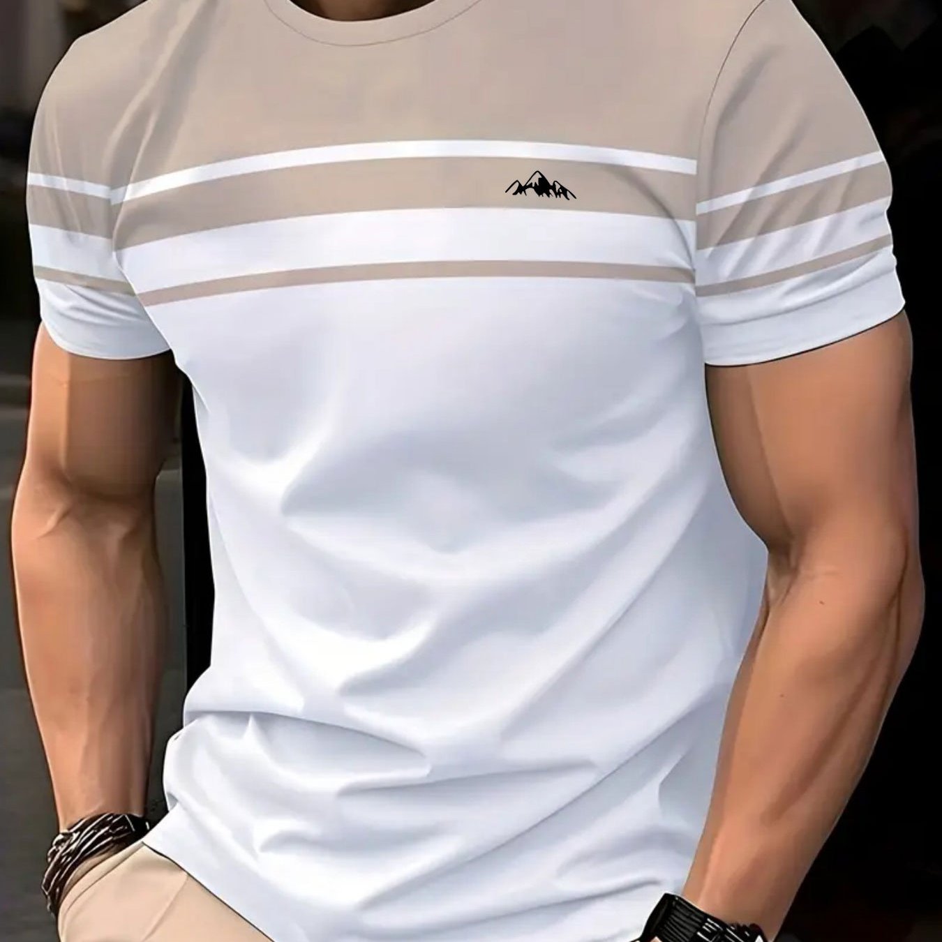 TEMU Men's Casual Minimalist Short-sleeve T-shirt - Small Mountain Pattern Print Design, A Casual, Simple, Comfortable, And Versatile Summer Top