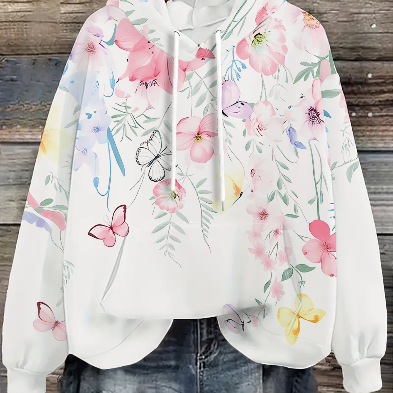 TEMU Women's Casual Sweatshirt With Pink White Floral And Leaf Accents, Colorful Flight Print - New Style, Individual, Versatile, Basic, , Date,