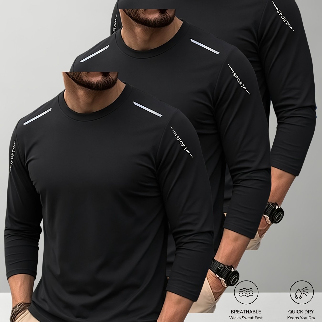 TEMU 3-pc Men's Long-sleeve Quick-dry T-shirts, Lightweight Tops, Sweat-absorbing And Moisture-wicking, Suitable For Layering, Running Workouts, ,