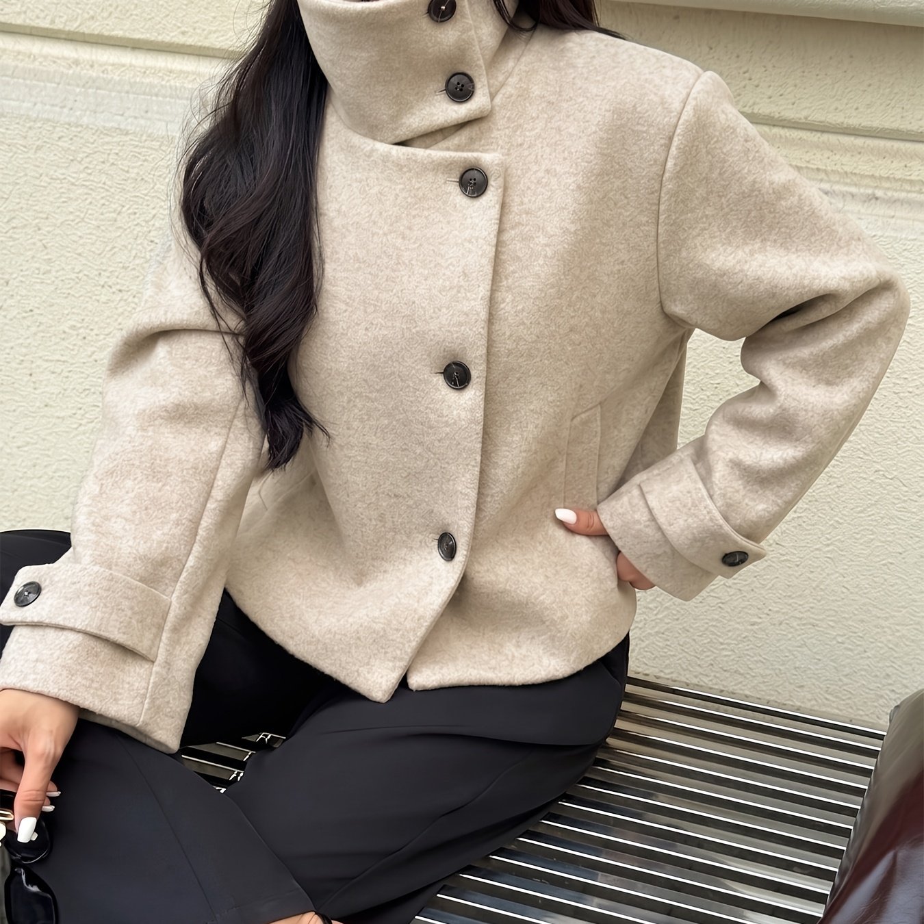 TEMU Elegant Special Women's High-neck Single-breasted Short Long-sleeve Jacket Coat For Autumn/winter, Suitable For Commuting To Work, Streetwear,