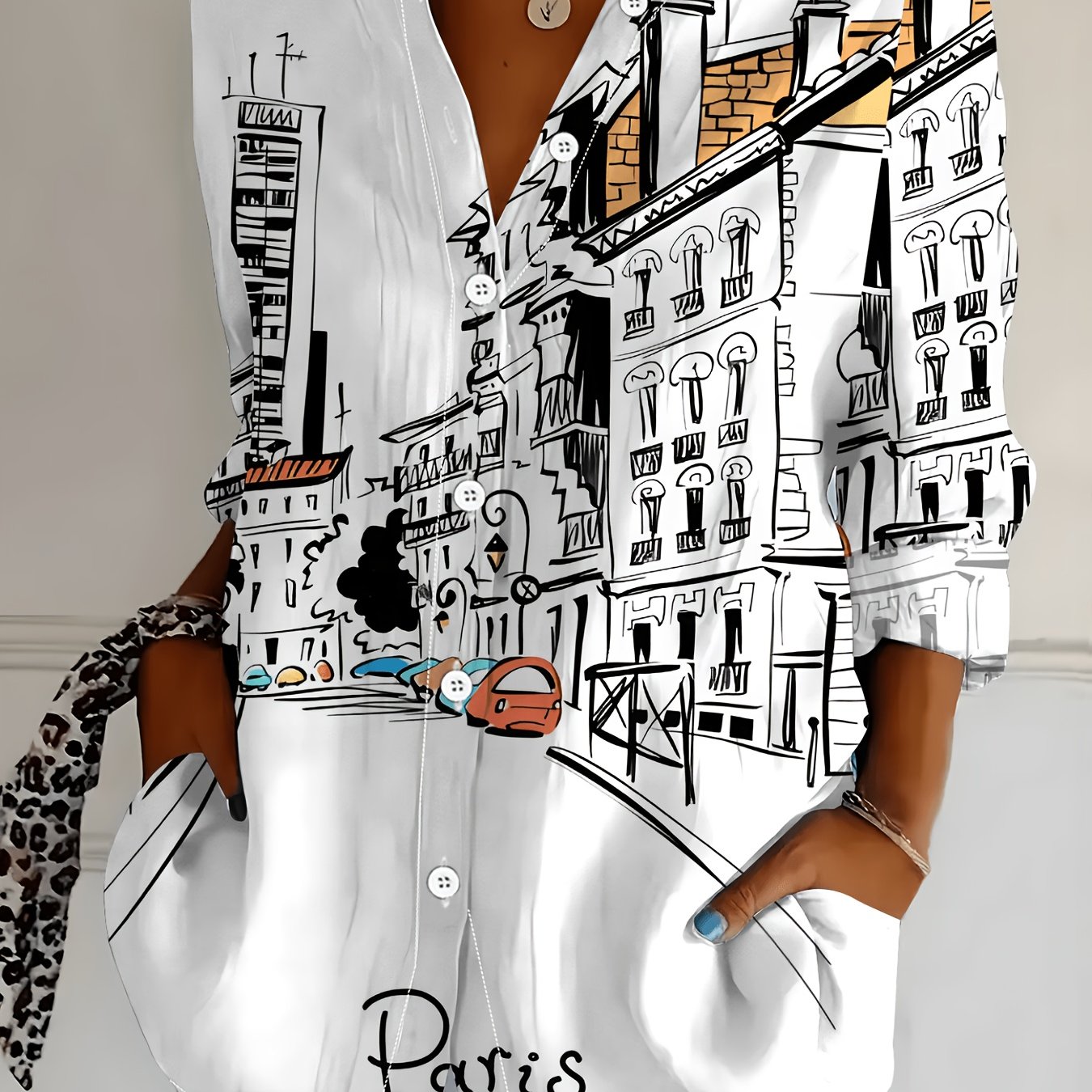 TEMU [printed Design - Not Textured] Elegant Architectural Print Collared Long Sleeve Shirt Spring Summer Fall New Single-button Blouse Women's Top,