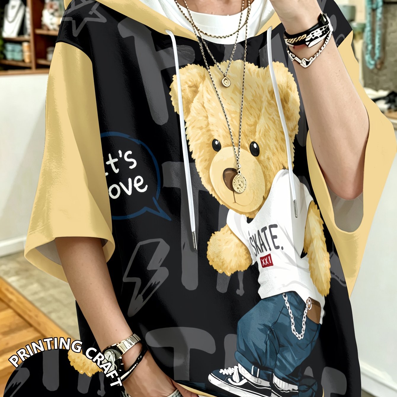 TEMU Plus Size Women's Hooded Top, Black And -block Cartoon Bear Print Loose Drop Shoulder Sleeve Hoodie, Cute And , Plus Size Women's Cute Bear