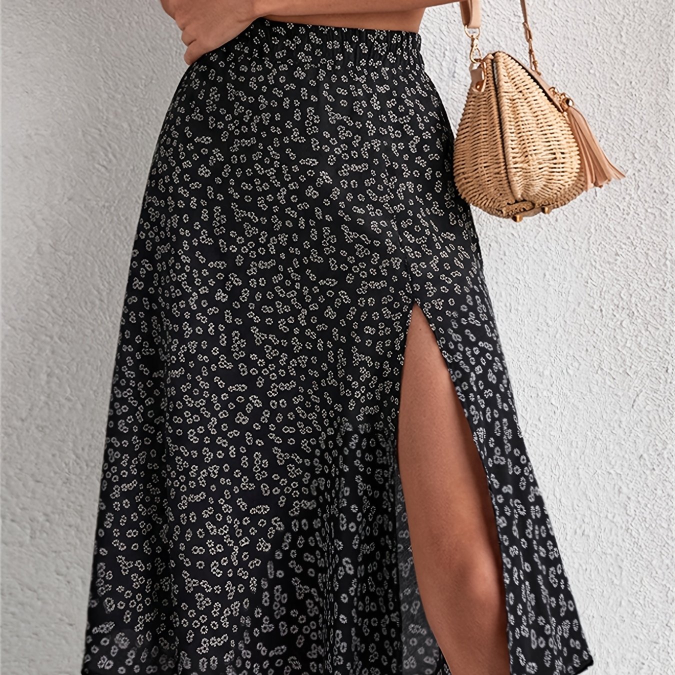TEMU Elegant Women's Floral Print Elastic Waist Fashion Slit Skirt