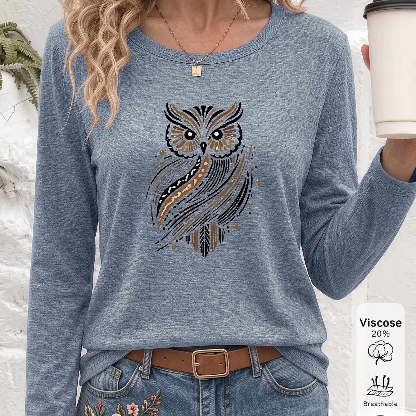 TEMU Vintage Owl Print T-shirt - Soft Breathable Long Sleeve Suitable For Daily Casual Wear & Light S, Round Neck Regular With Owl & Totem, Machine