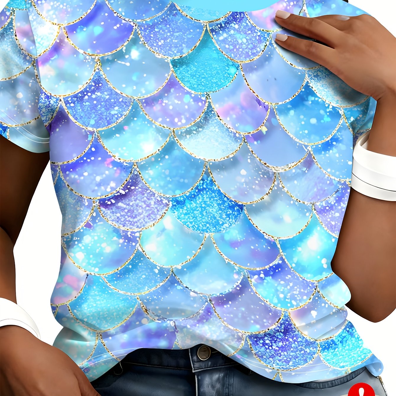 TEMU Summer Women's Casual Round Neck Short Sleeve T-shirt, Gradient Blue- Scale Print, Versatile Daily Wear Top