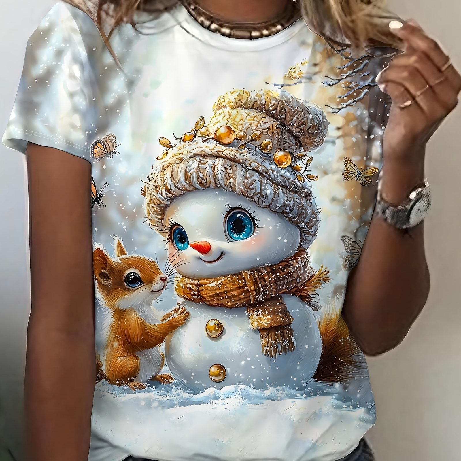 TEMU Ambiance de Noël ! T-shirt imprimé homme de neige et écureuil, haut à col rond élégant et confortable pour femmes, tenue tendance pour femmes,