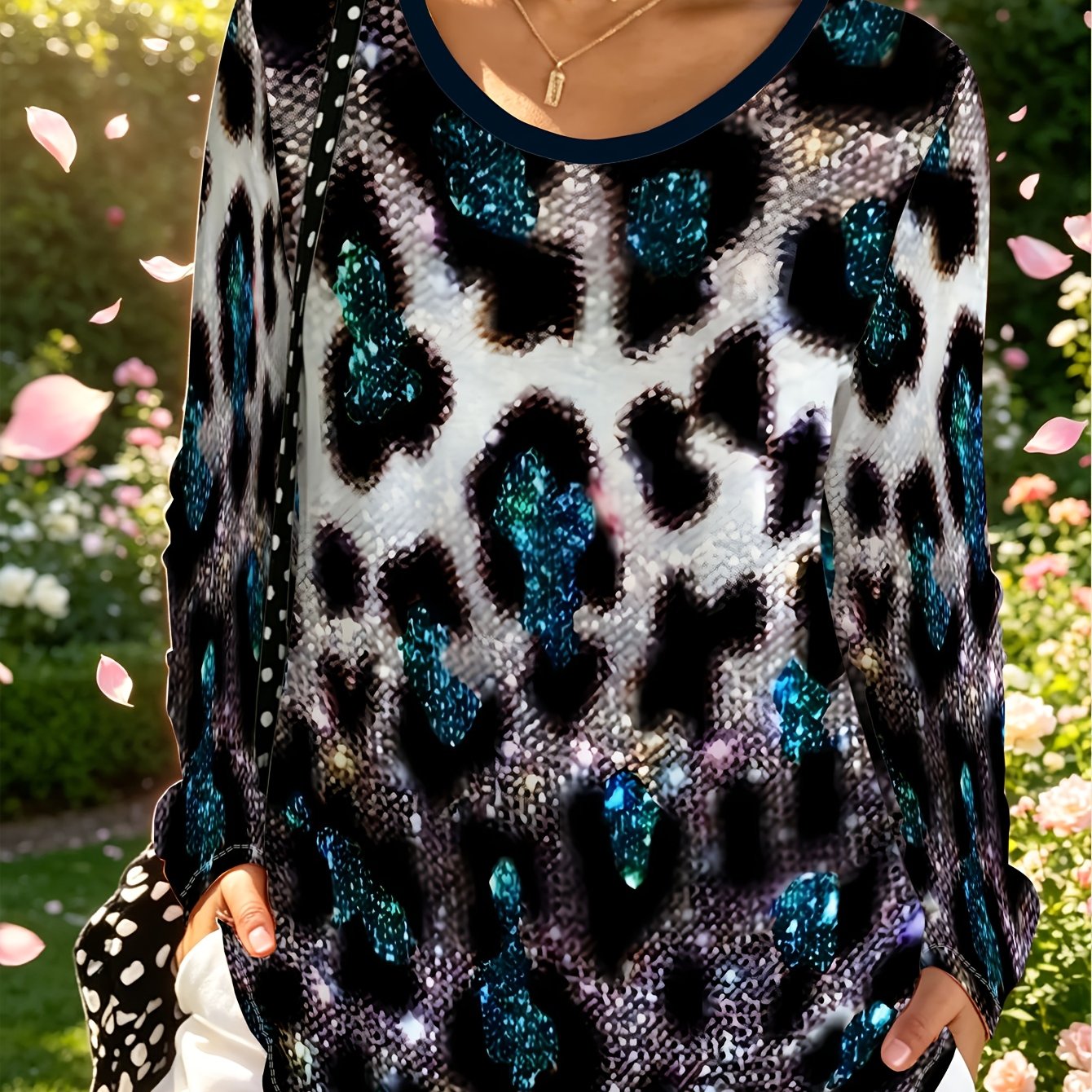 TEMU Plus Size, Leopard Print Sequin Loose-, Women's Fashionable Long-sleeve T-shirt, Glitter Print Pullover, Multiple Colors , Trendy And Versatile