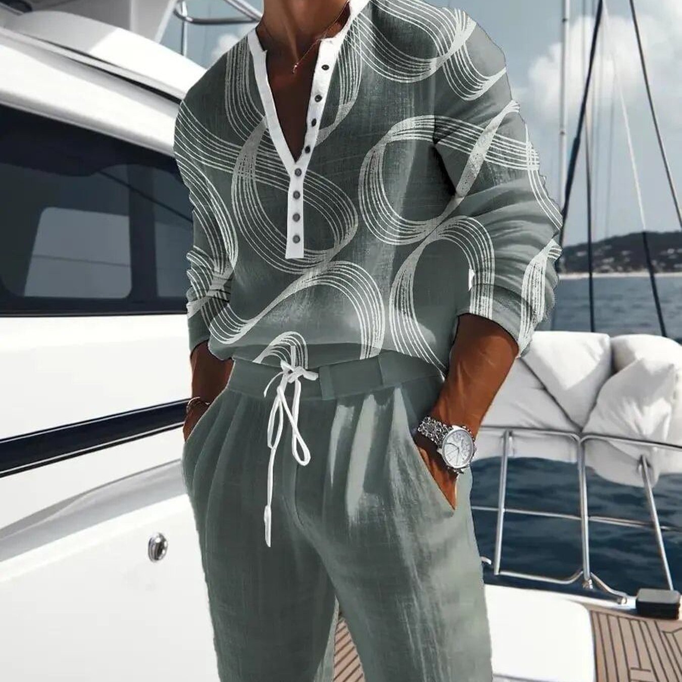 Image of 2pcs Set, V-neck Button Henley Shirt And Casual Pants Set, Trendy Set, Digital Geometric Print Pattern, Suitable For Casual And Play, Top For Gifts, For Outdoor, For Teenager