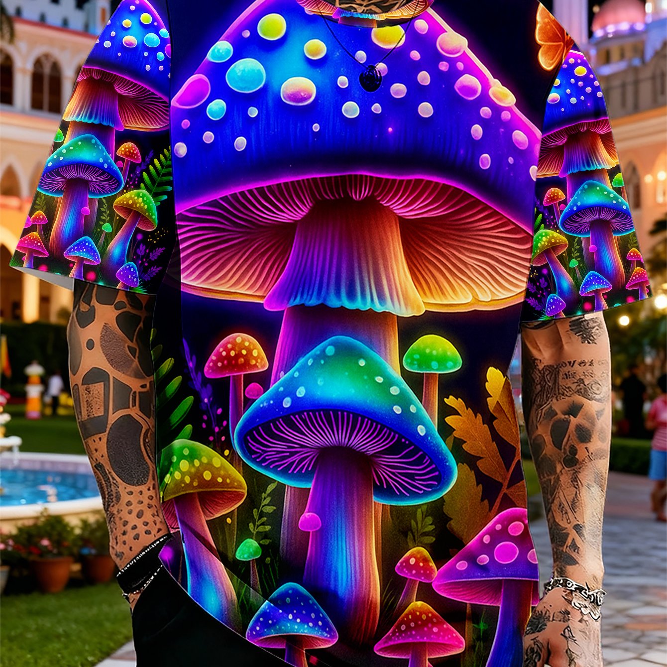 TEMU 1pc Of Colorful -the-dark Mushroom Print Short-sleeve - Breathable And Soft Round-neck T-shirt Suitable For Daily And Outdoor Activities -