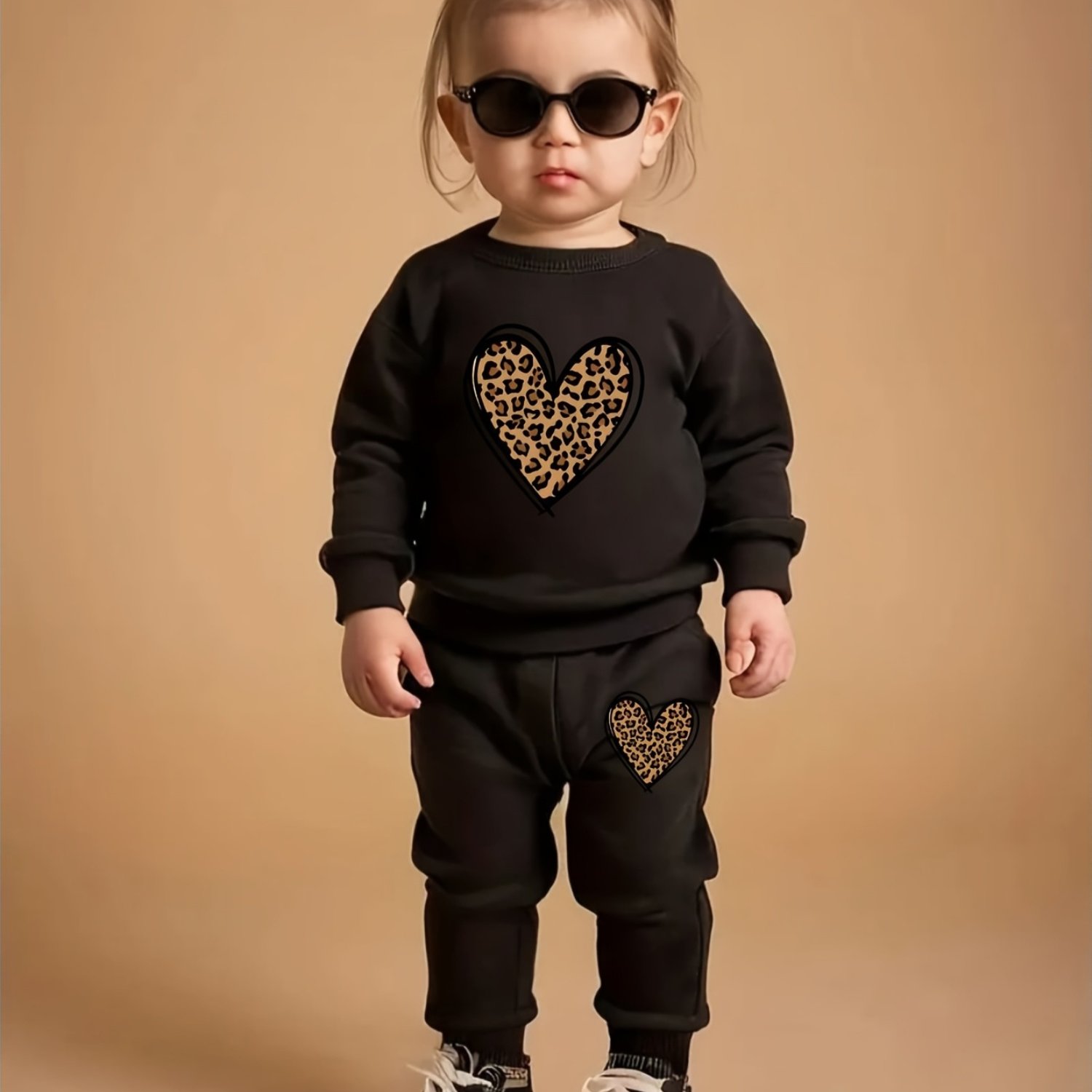 Image of Spring/autumn Style Infant Toddler Girls Leopard Print Heart Pattern Round Neck Long Sleeve Top And Long Pants Casual 2pcs Set Targeted Development, For Outdoor