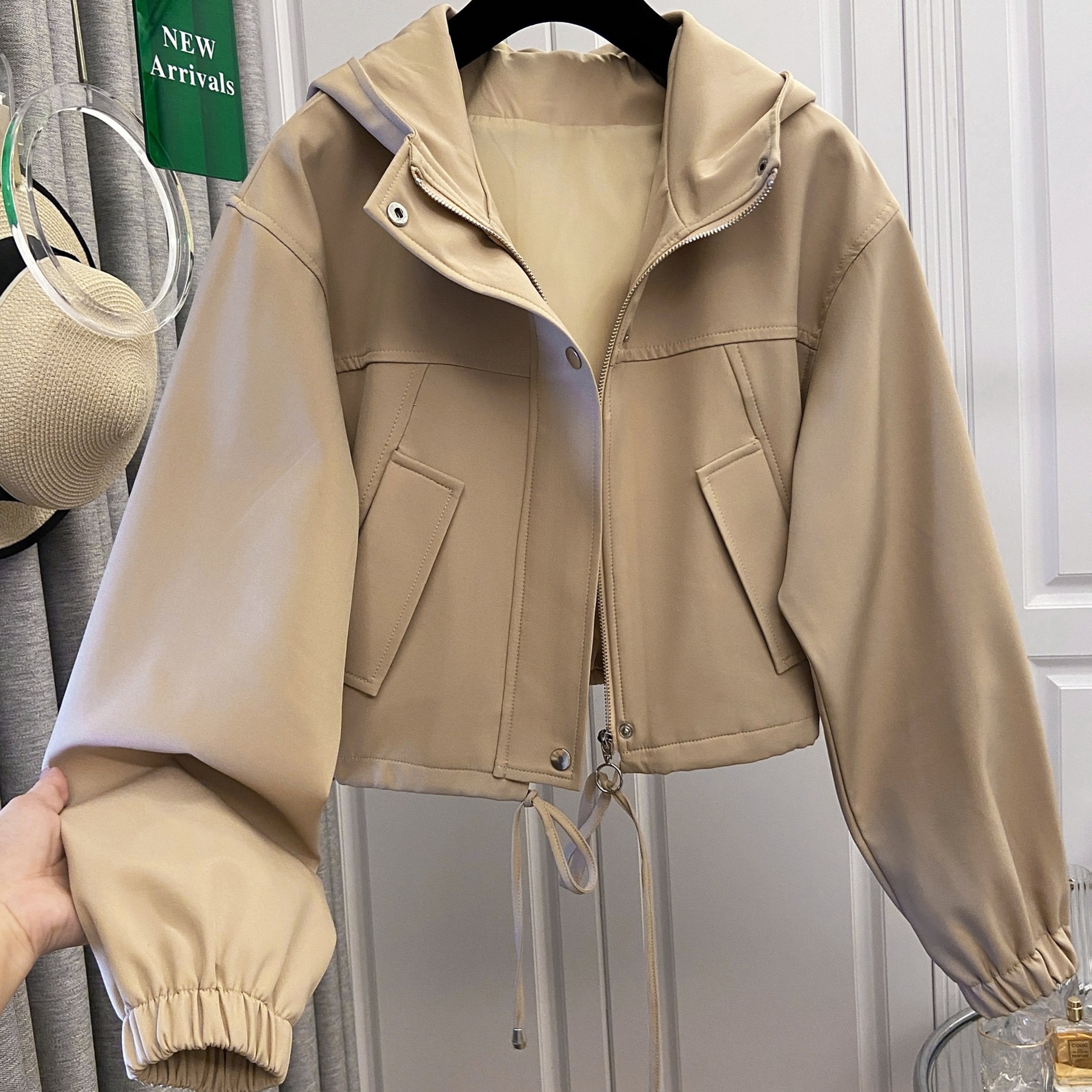 TEMU Short Solid Color Casual Women's Drawstring Pocket Hooded Loose Versatile Jacket