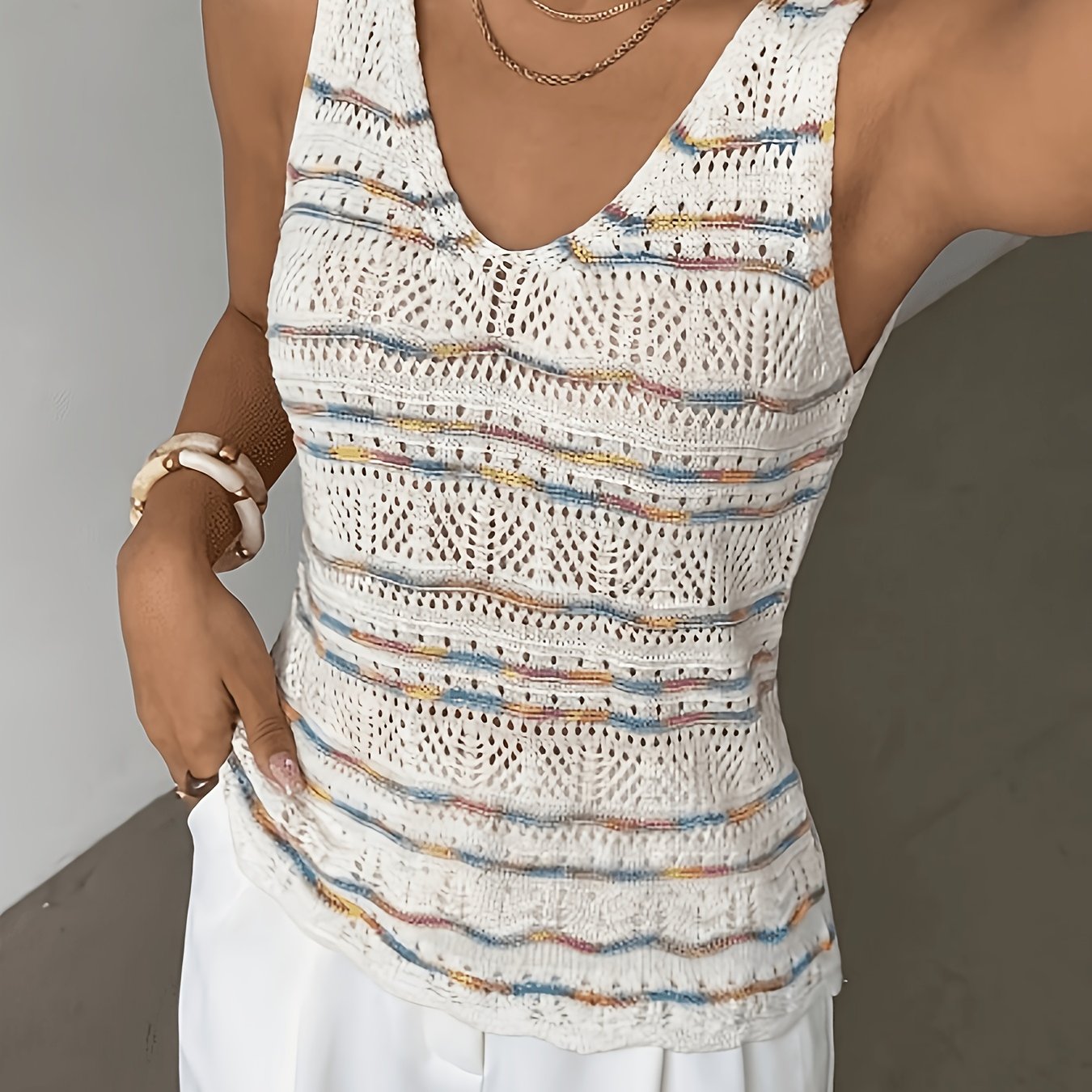 TEMU V-neck Sweater, Sleeveless Multicolor Striped Vest, Summer Hollow Vacation Casual Pullover Top, Women's Clothing
