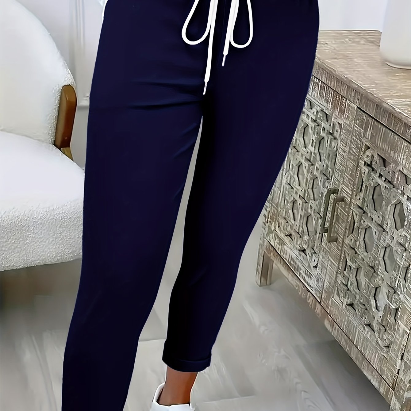 Women's Fashion Drawstring High-waist Smooth Fabric Machine-washable Casual Trousers Jogging Pants Women's Clothing Athletic Long Pants