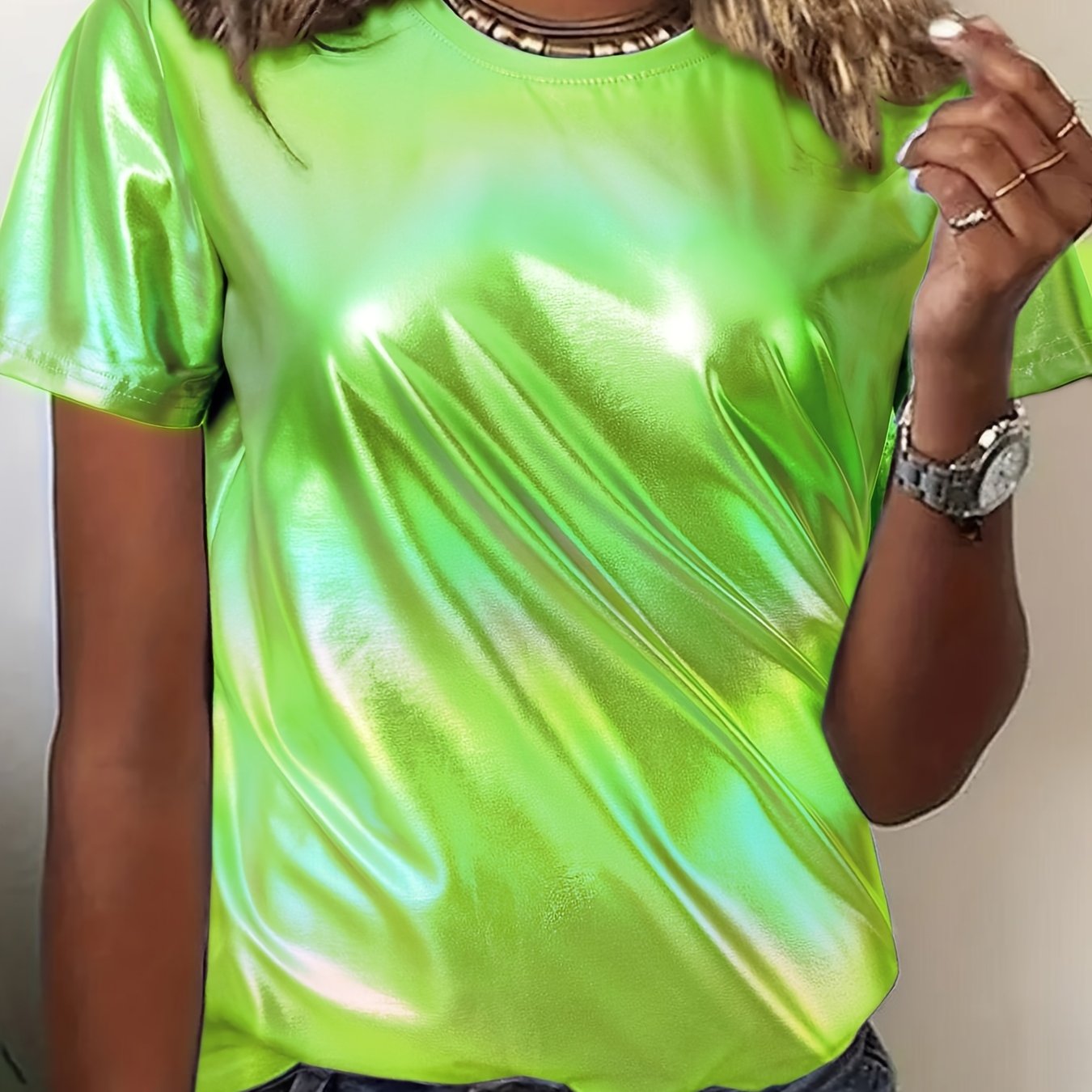 Women' Shimmering Iridescent Short-sleeve T-shirt - Loose Fit Summer Top With Glossy, Round Neck Blouse For Casual Or Dressy Wear - Solid (machine Washable) - New Arrival Summer