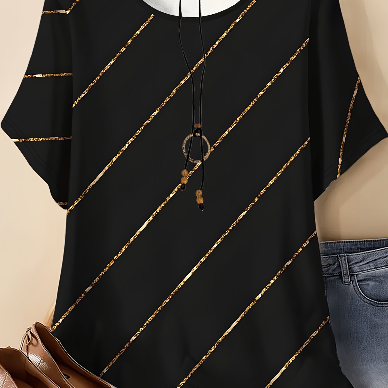TEMU Women's Plus-size Oversized Round Neck T-shirt With Full-body Diagonal Stripe Print - Loose Fit Short Sleeve Casual Top Suitable For Daily Wear,