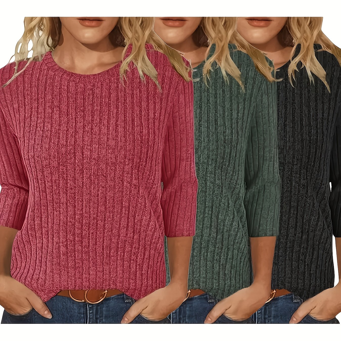 TEMU Women's 3pcs Round Neck Fashion T-shirts, Loose Fit, Stylish Long Sleeve Tops, Autumn Casual Loose Shirts