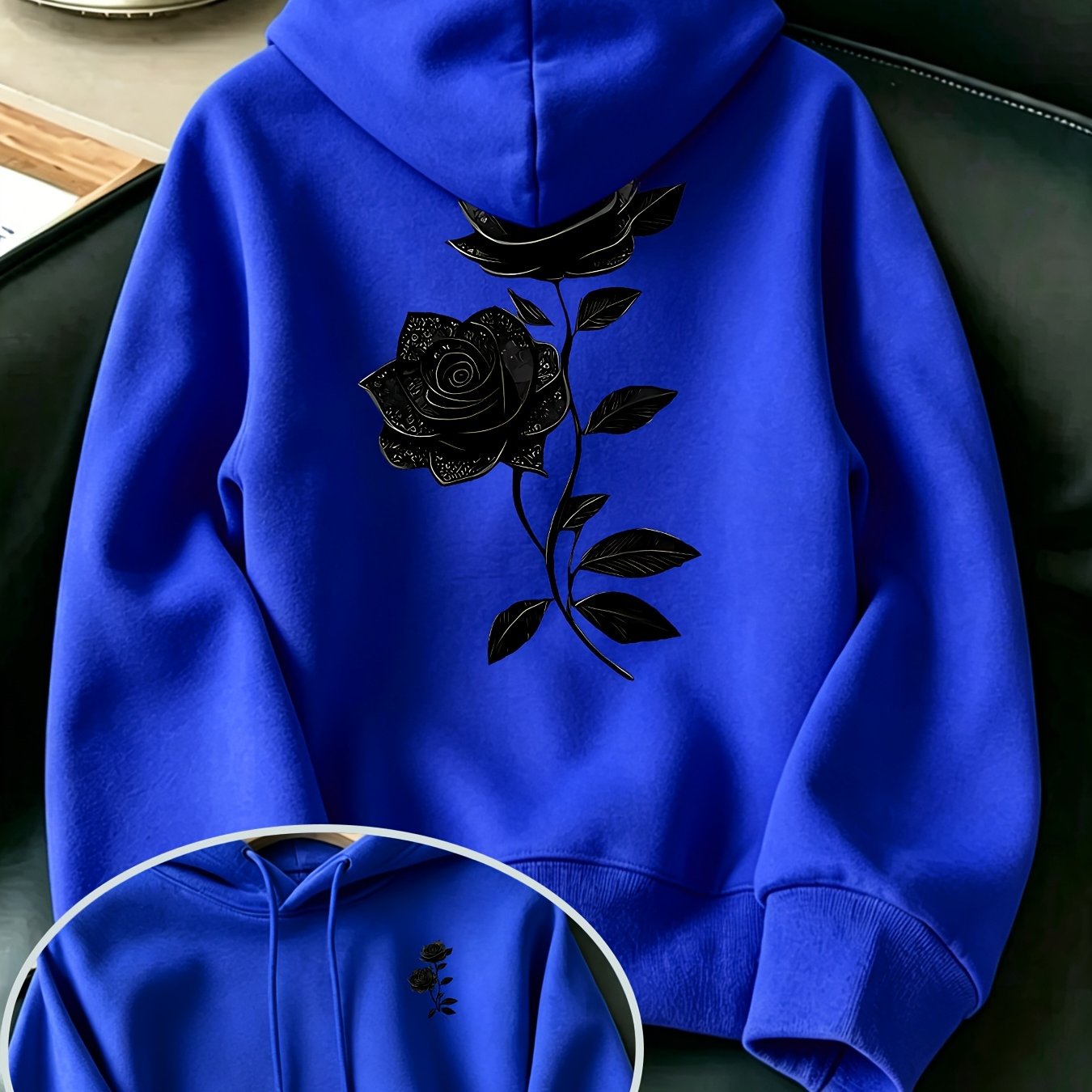 TEMU Dark Aesthetic Style Black Rose Print Casual Hooded Sweatshirt