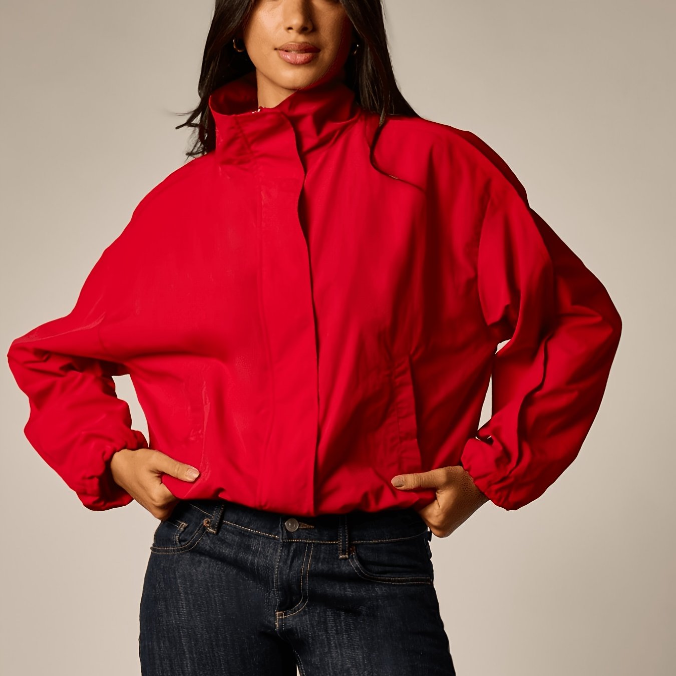 TEMU Windproof Jacket With High-neck Design, Full-zip Closure, And Elastic Wrist Cuffs, A Lightweight Outdoor Garment Suitable For Autumn And Winter