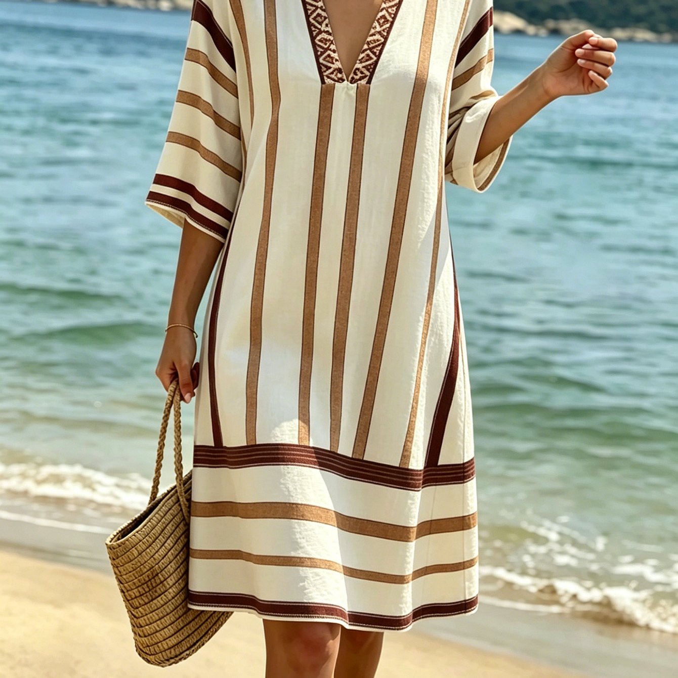 Women's Dress Summer Striped Embroidered V Neck Vacation Dress Loose Straight Quarter Sleeve Beach Dress Seaside Color Block Ribbon Casual Cover Up Dress Slim Fit
